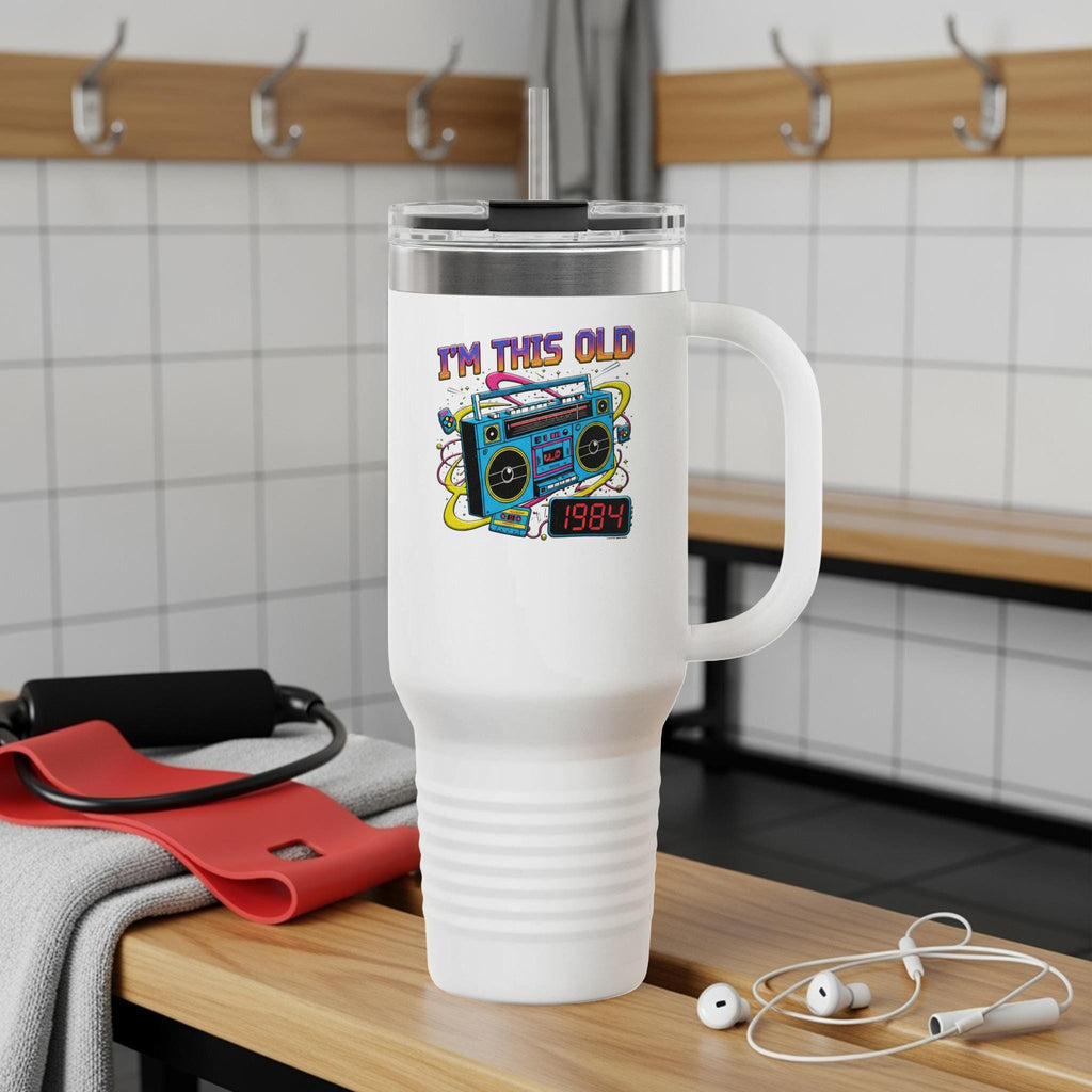 Retro 80s Boombox Coffee Mug, Vintage Music Lover Travel Mug, 1984 Nostalgic Print, Gift for Music Enthusiasts