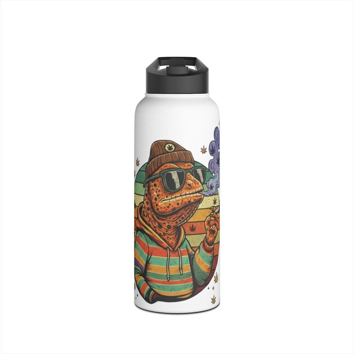 Funny Frog Smoking Weed Water Bottle, Retro Hippie Frog Art, Unique Frog Lovers Gift, Cool Frog Illustration Flask