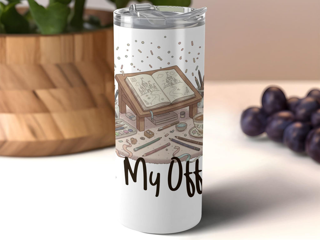 Artistry travel mug, artist workspace design, sketchbook and tools, coffee tumbler, artistic travel cup, creative gift idea