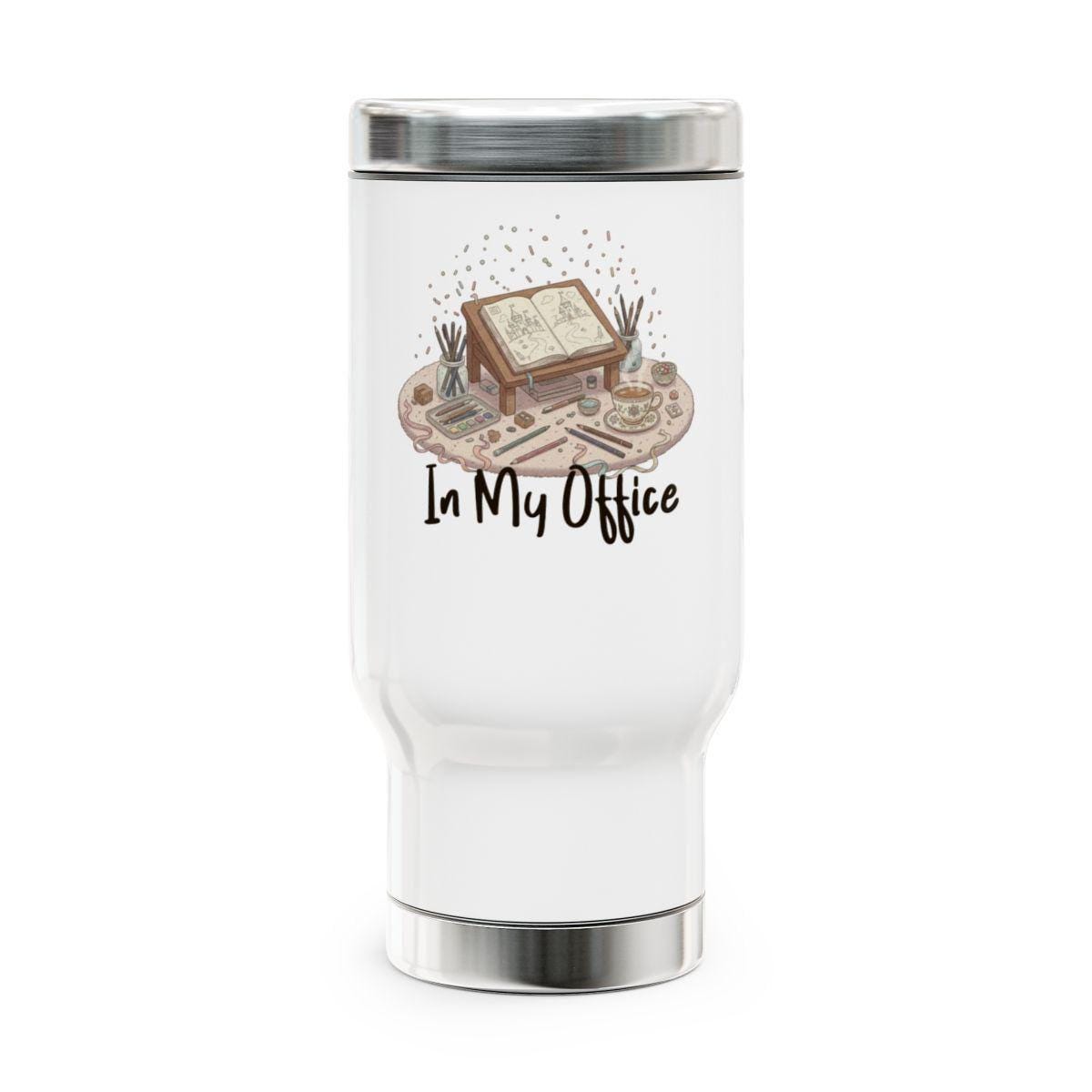 In My Office White Travel Mug, Portable Coffee Tumbler with Lid, Stainless Steel Insulated Travel Cup, Work Office Gift Ideas