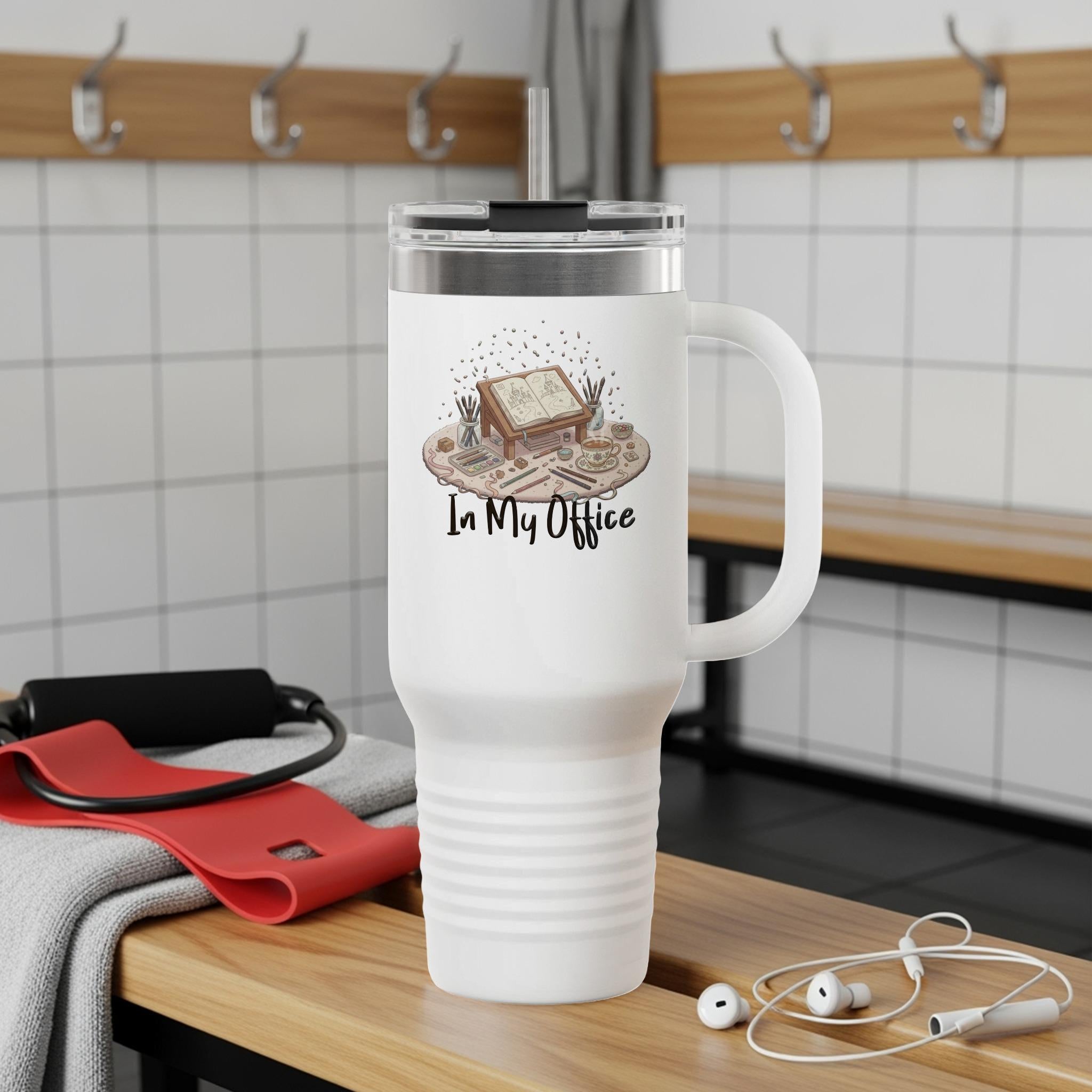 In My Office Travel Mug, Large Insulated Coffee Tumbler with Handle, Portable Beverage Cup, Unique Gift for Work or Office