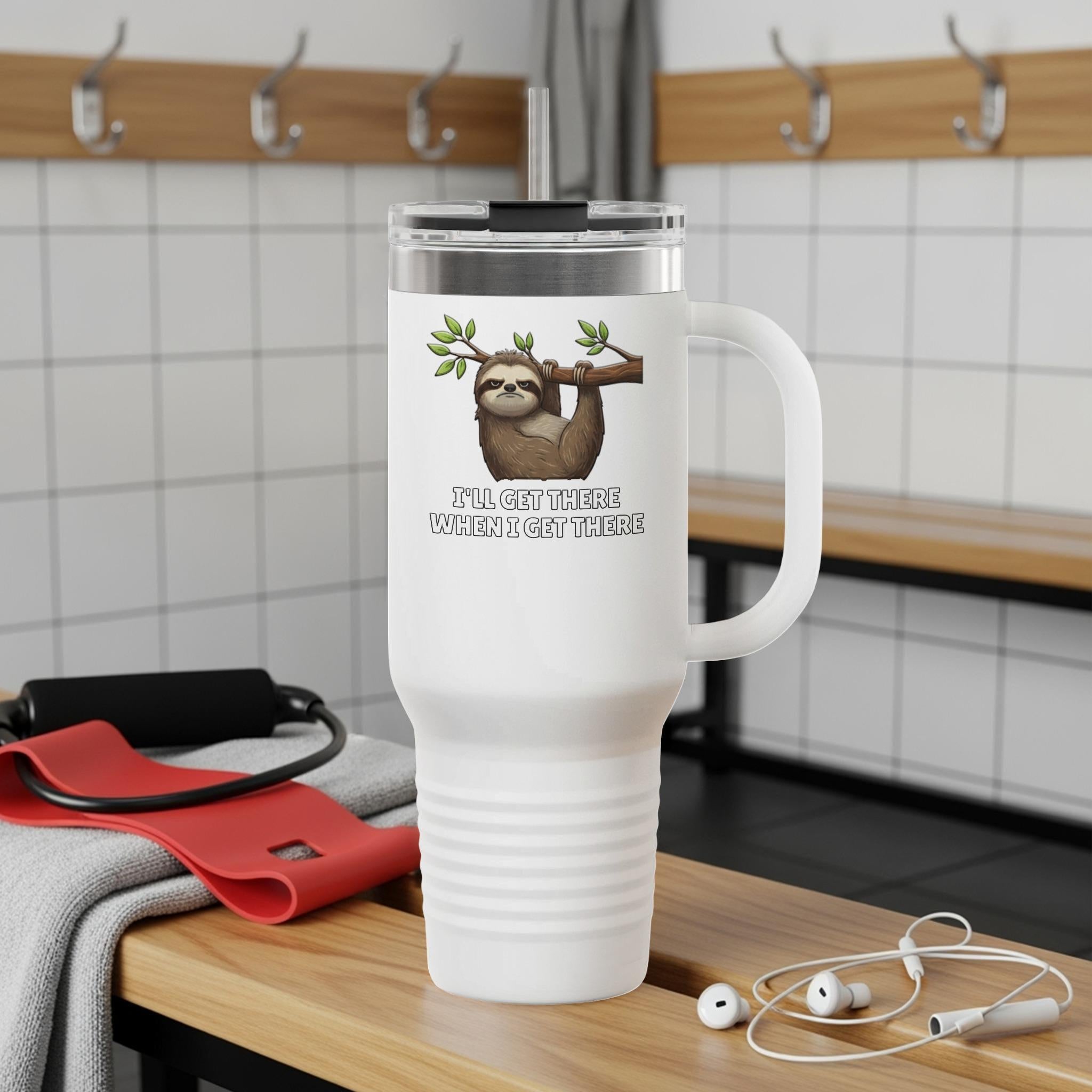 Cute Sloth Travel Mug, Funny Insulated Tumbler with Handle, I'll Get There When I Get There, Ideal Gift for Coffee Lovers