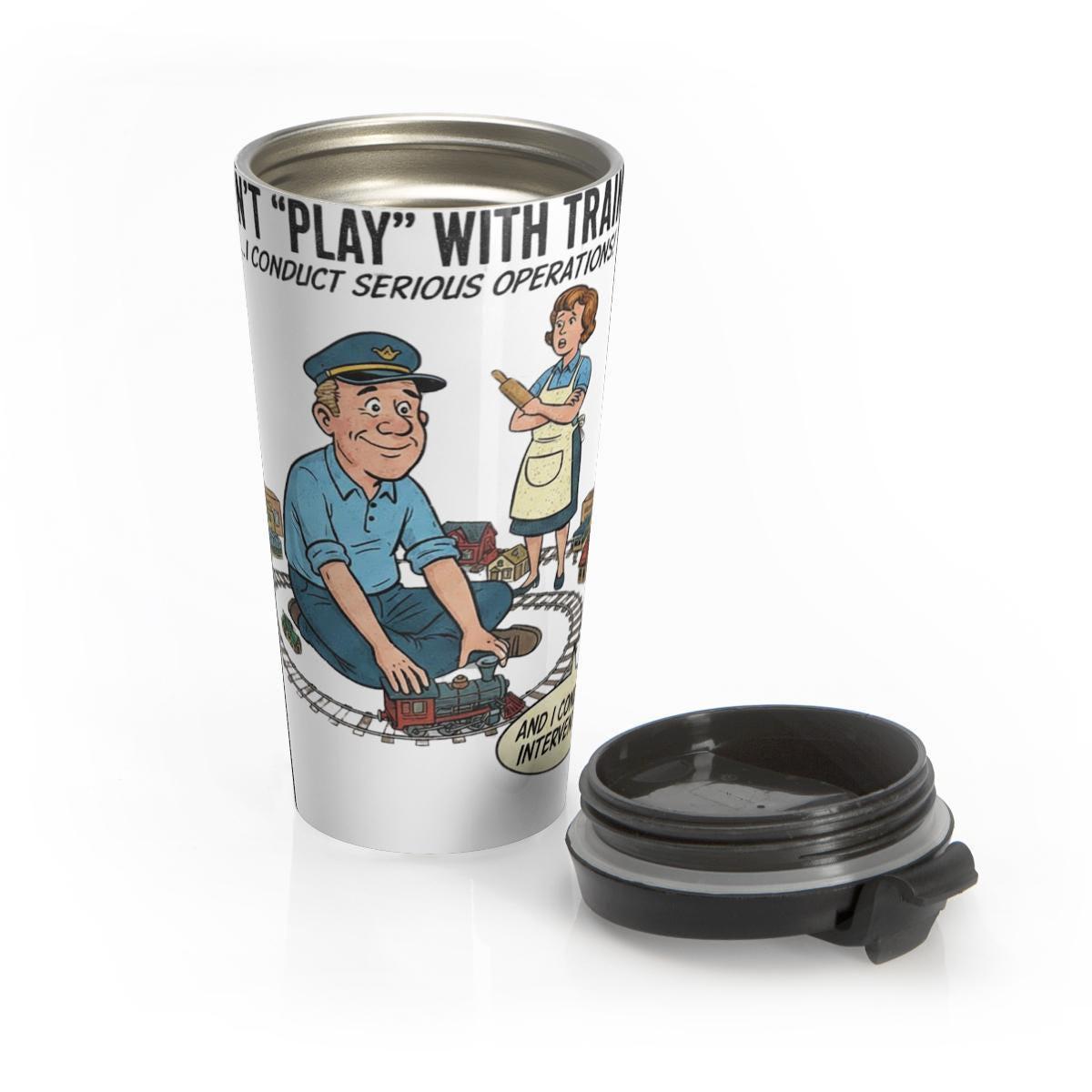 Funny Travel Mug, Retro Train Conductor Design, Humorous Coffee Cup, Gift for Train Enthusiasts, Quirky Office Drinkware