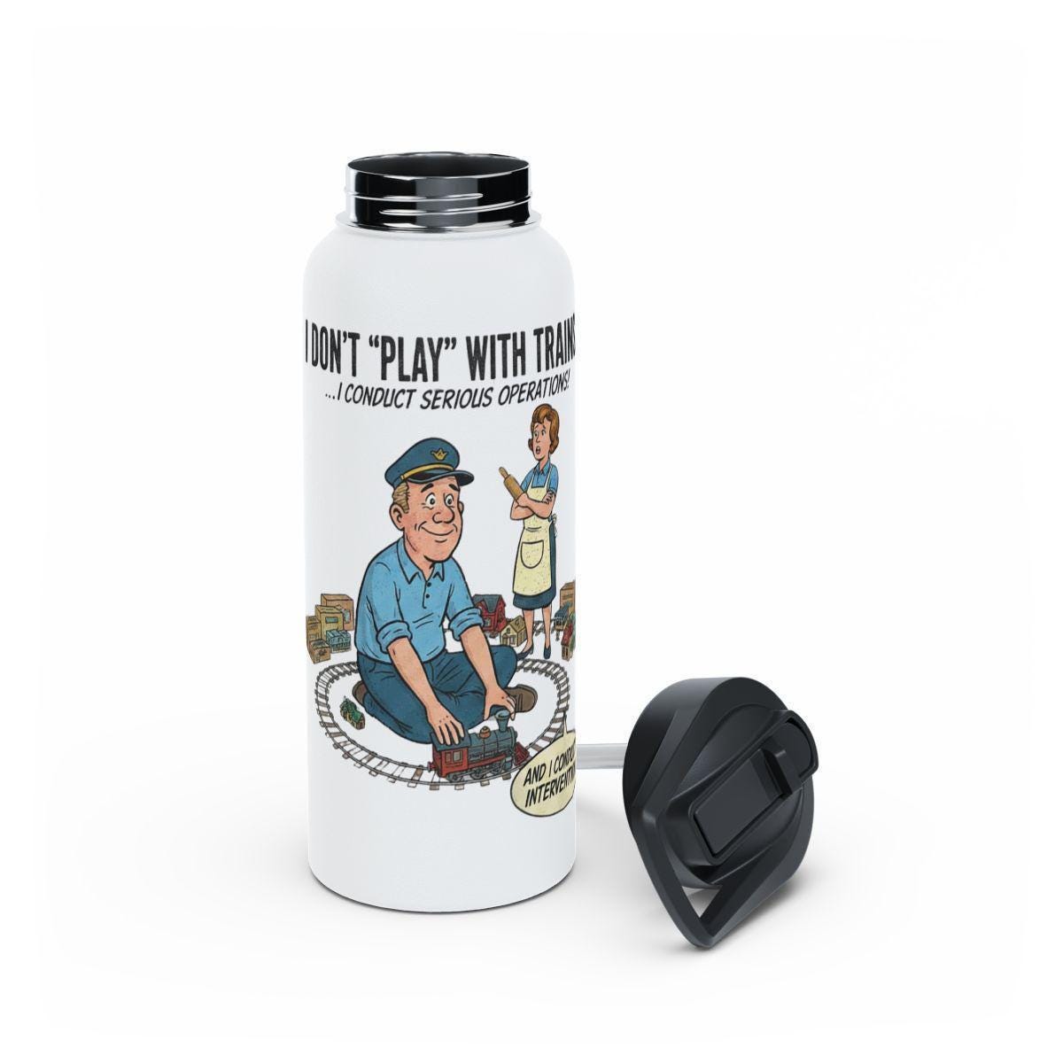 Funny Train Enthusiast Water Bottle, Gag Gift for Train Lovers, Comical Transportation Mug, Humorous Railroad Worker Flask