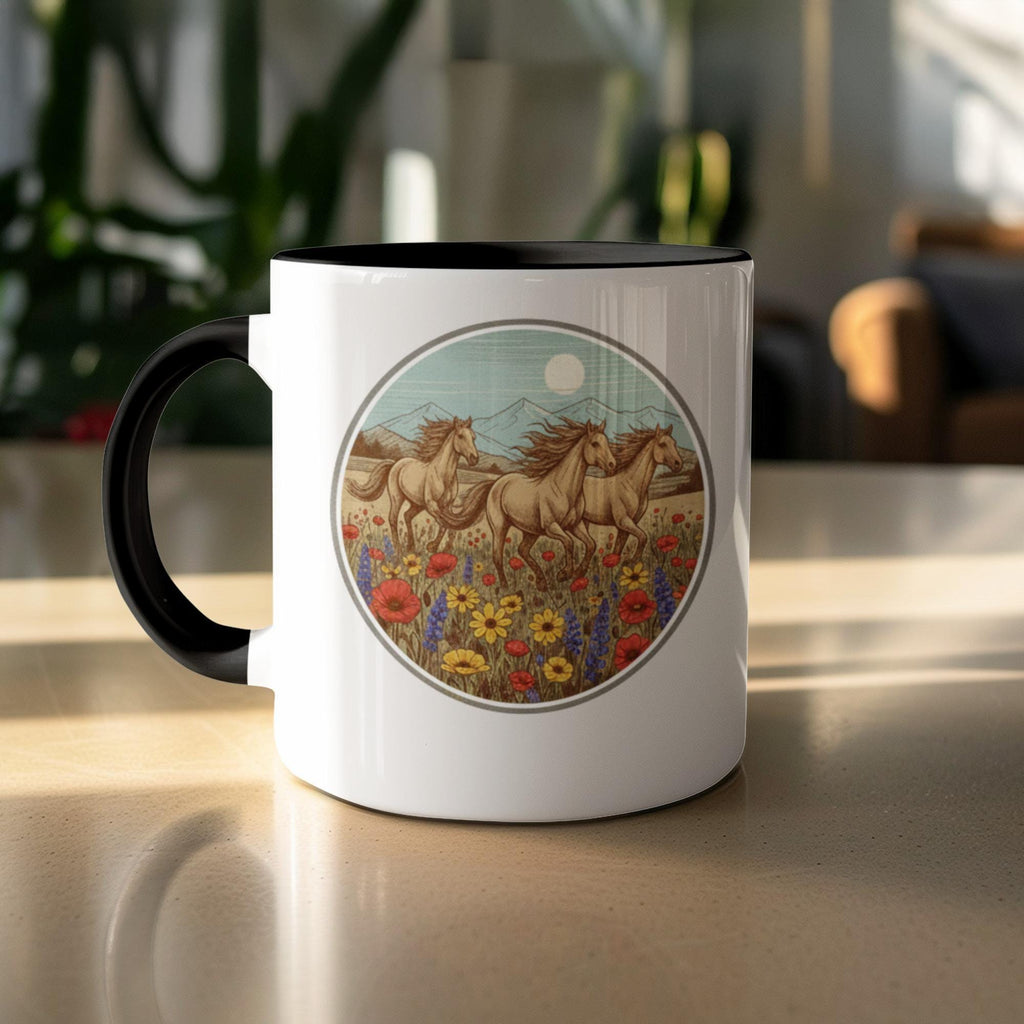 Running Horses Mug, Wild Flower Art Print Cup, Equestrian Gift, Nature Lover's Coffee Mug, Horse Lover's Ceramic Mug