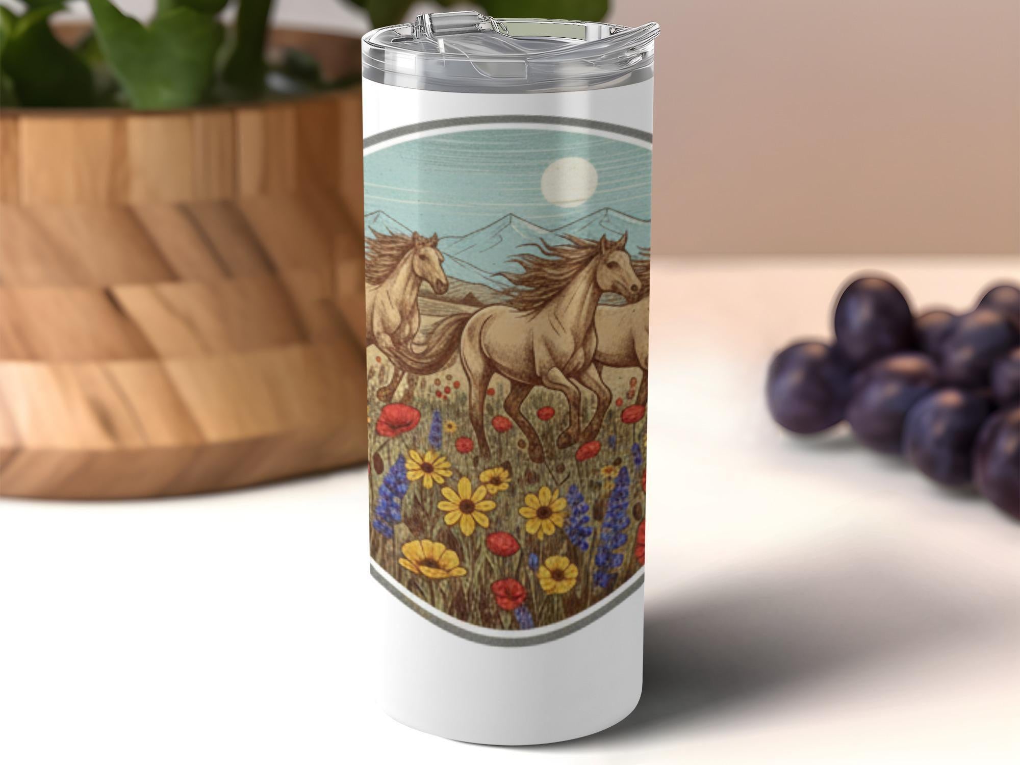 Horse Tumbler, Wild Horses Travel Mug, Western Theme Cup, Horse Lover Gift, Equestrian Insulated Tumbler, Unique Horse Art Mug
