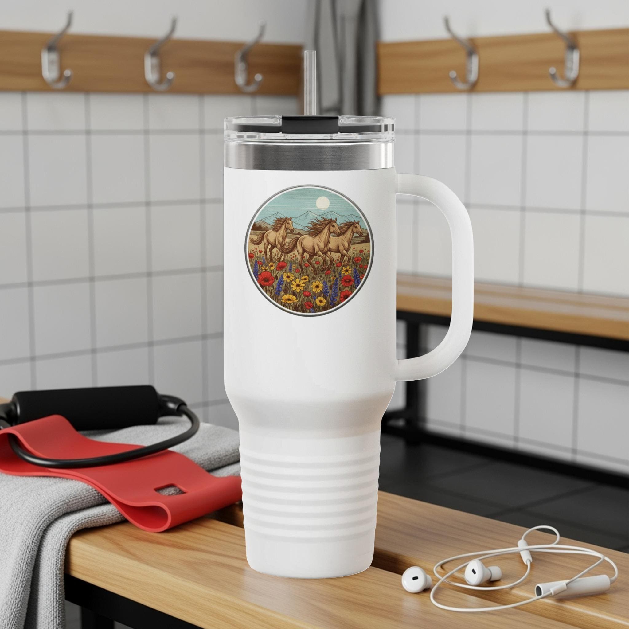 Travel coffee mug with horse and flower meadow design, insulated tumbler with lid, perfect gift for horse lovers, 20 oz cup