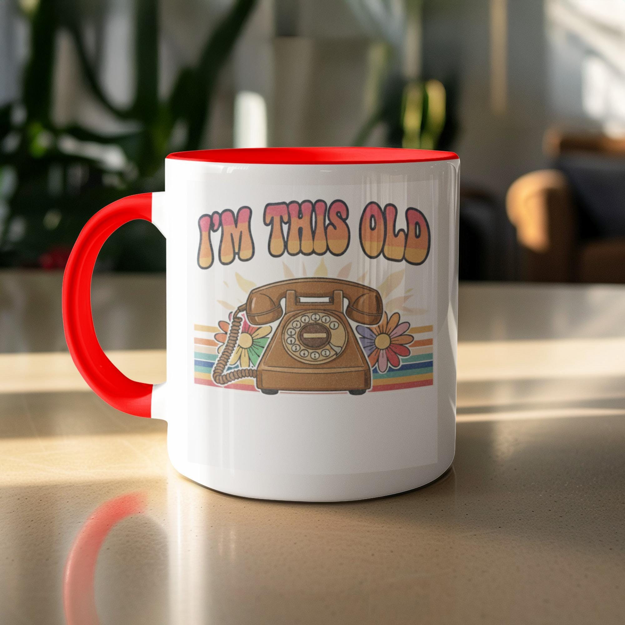 Retro Telephone Design Coffee Mug, Funny I'm This Old Mug, Vintage Nostalgia Gift, Unique Retro Mug for Office, Quirky Coffee Cup