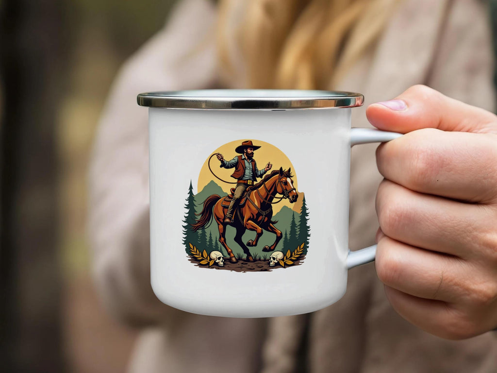 Cowboy and Horse Enamel Mug, Retro Western Coffee Cup, Vintage Style Drinkware, Rustic Campfire Mug, Wild West Themed Gift Idea