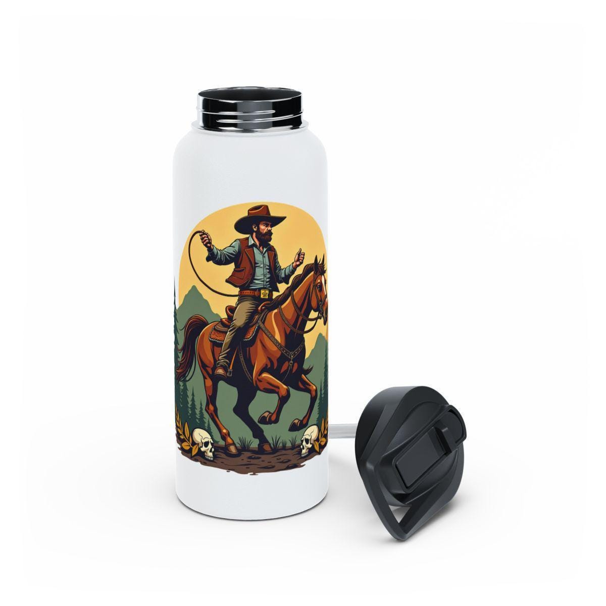 Cowboy Rider Water Bottle, Western Themed Drink Container, Insulated Stainless Steel, Unique Cowboy Art, Reusable Water Bottle
