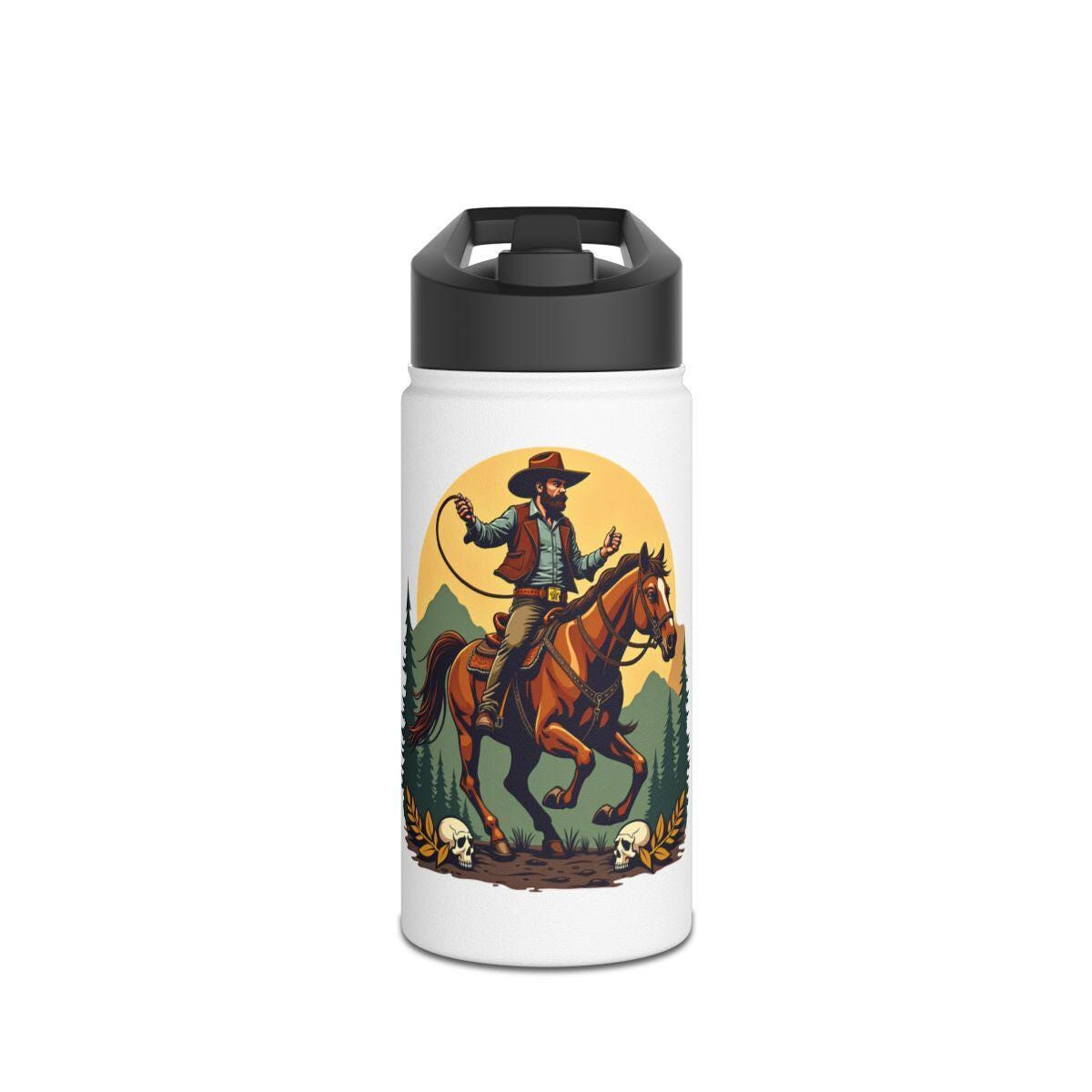 Cowboy Riding Horse on Mountain Water Bottle, Western Themed Water Bottle, Horse Rider Art, Outdoor Adventure Flask, Reusable Bottle