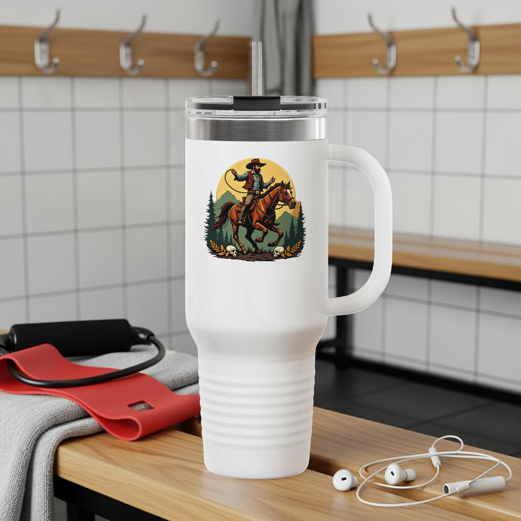 Cowboy Riding Horse Tumbler, Western Adventure Travel Mug, Insulated Coffee Cup, Equestrian Theme Drinkware, Unique Gift Idea