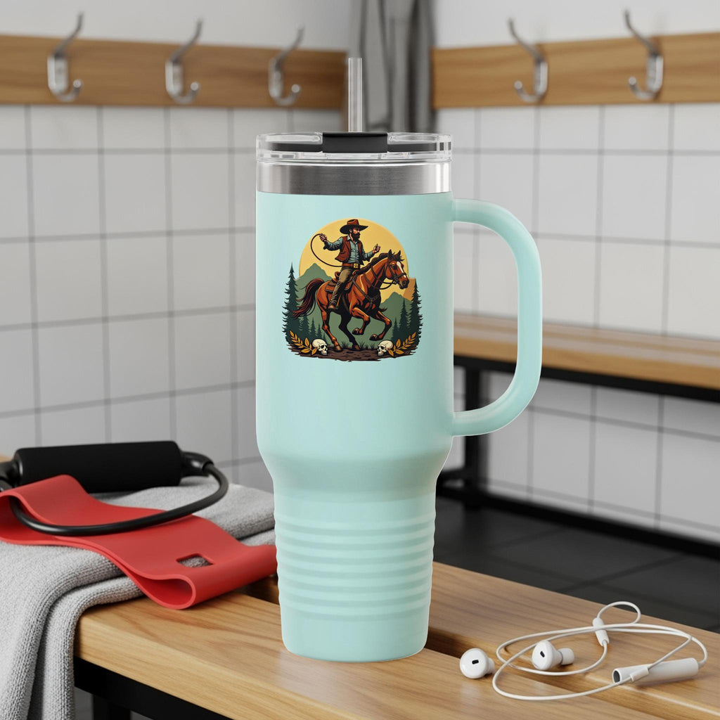 Cowboy Travel Mug, Western Theme Coffee Thermos, Insulated Tumbler with Lid, Horse Riding Adventure Design, Vintage Look Cup