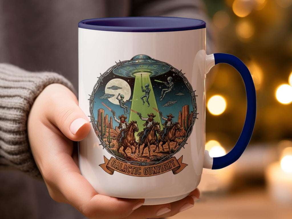 UFO Cowboy Mug, Funny Alien Mug, Galactic Gunfight Print, Sci-fi Western Coffee Mug, Unique Gift Idea, Space and Cowboys Mug