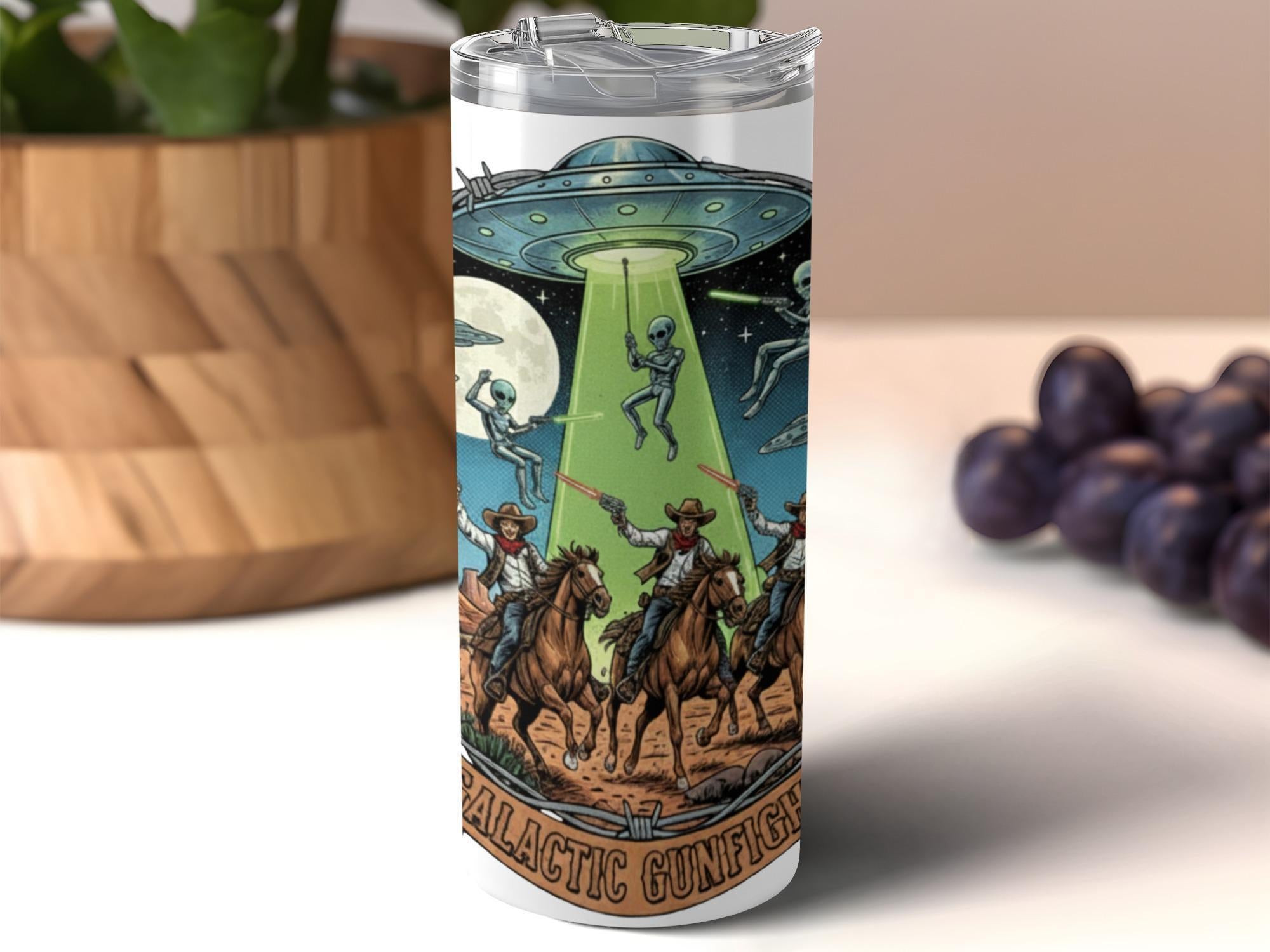 Alien Cowboy Tumbler, UFO Space Western Mug, Sci-Fi Rodeo Stainless Steel Cup, Funny Alien Abduction Travel Mug, Gift for Sci-Fi Lovers