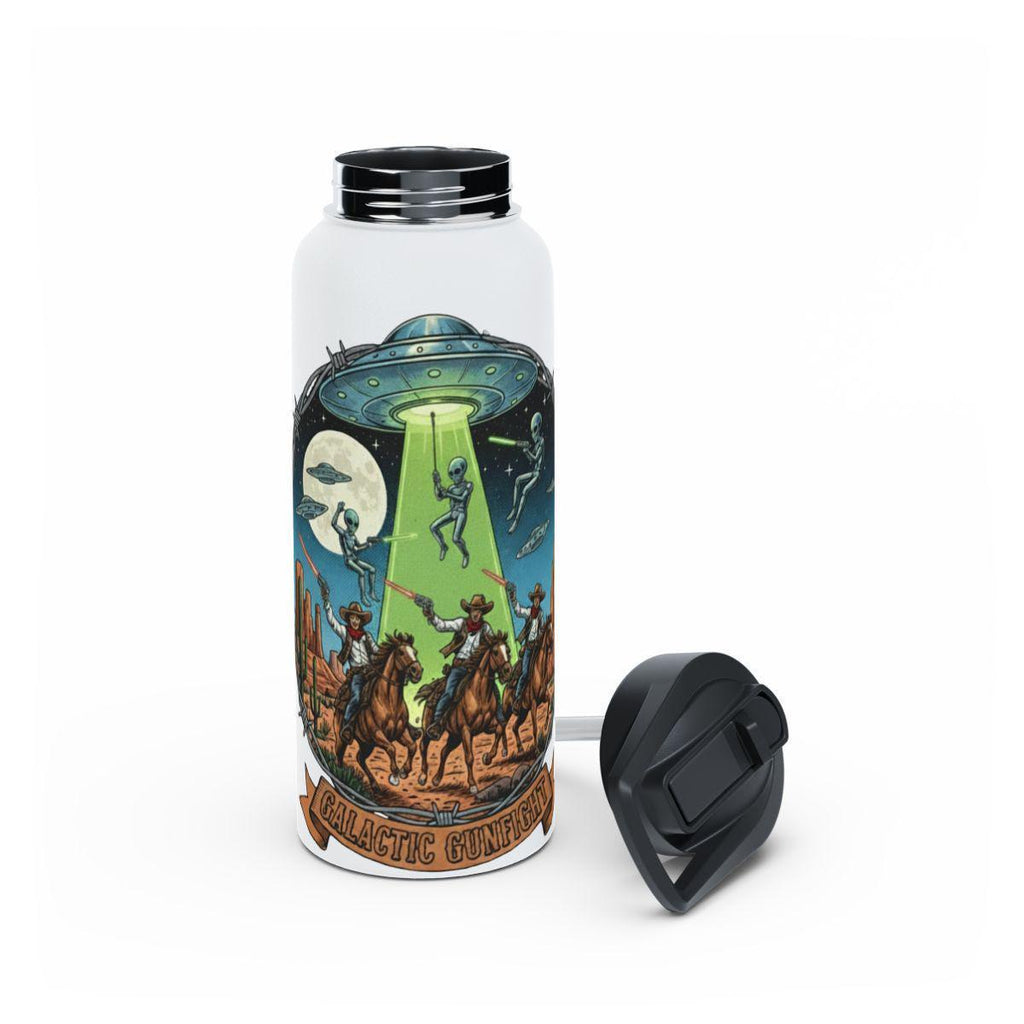 Alien Abduction Water Bottle, Cosmic Cowboy Tumbler, UFO Alien Art Drinkware, Galactic Gunfighters Alien Space Themed Bottle