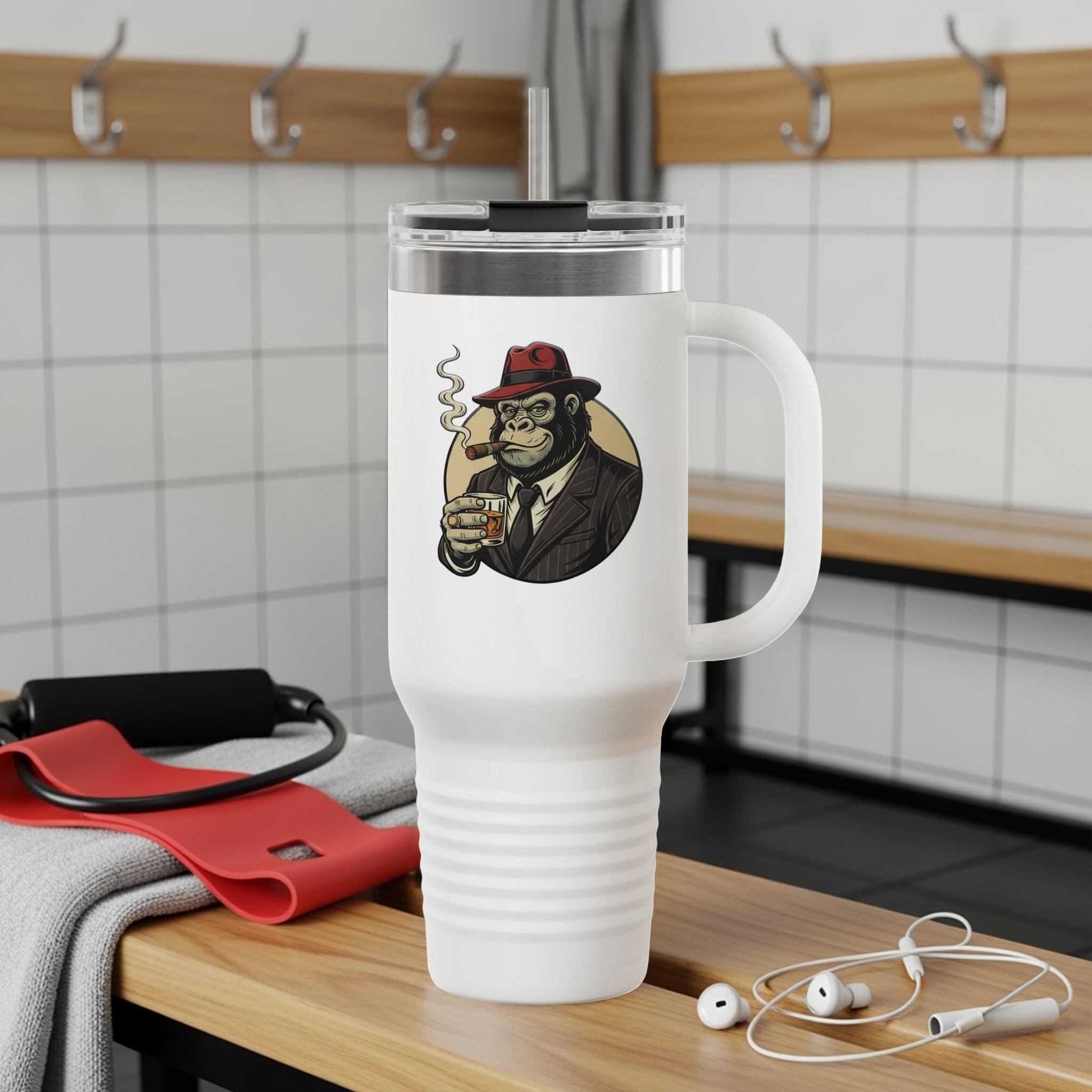 Cool Monkey With Hat Travel Mug, Funny Gorilla Drinking Coffee Cup, Insulated Tumbler with Handle, Unique Gift For Him