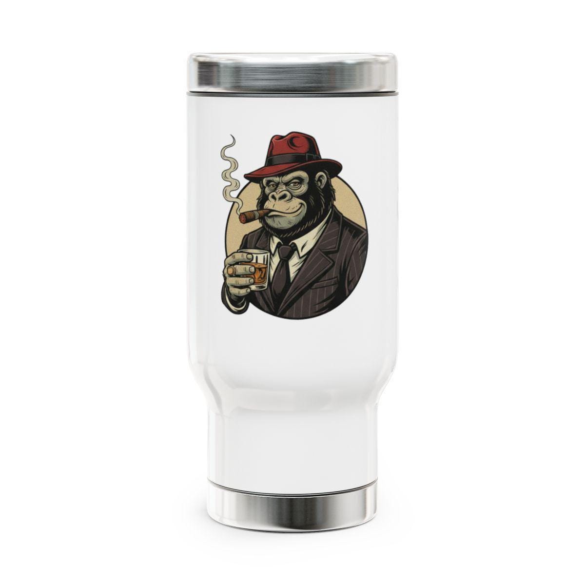 Monkey drinking coffee mug, mafia monkey travel tumbler, fun chimpanzee cup, unique ape design, insulated drinkware gift