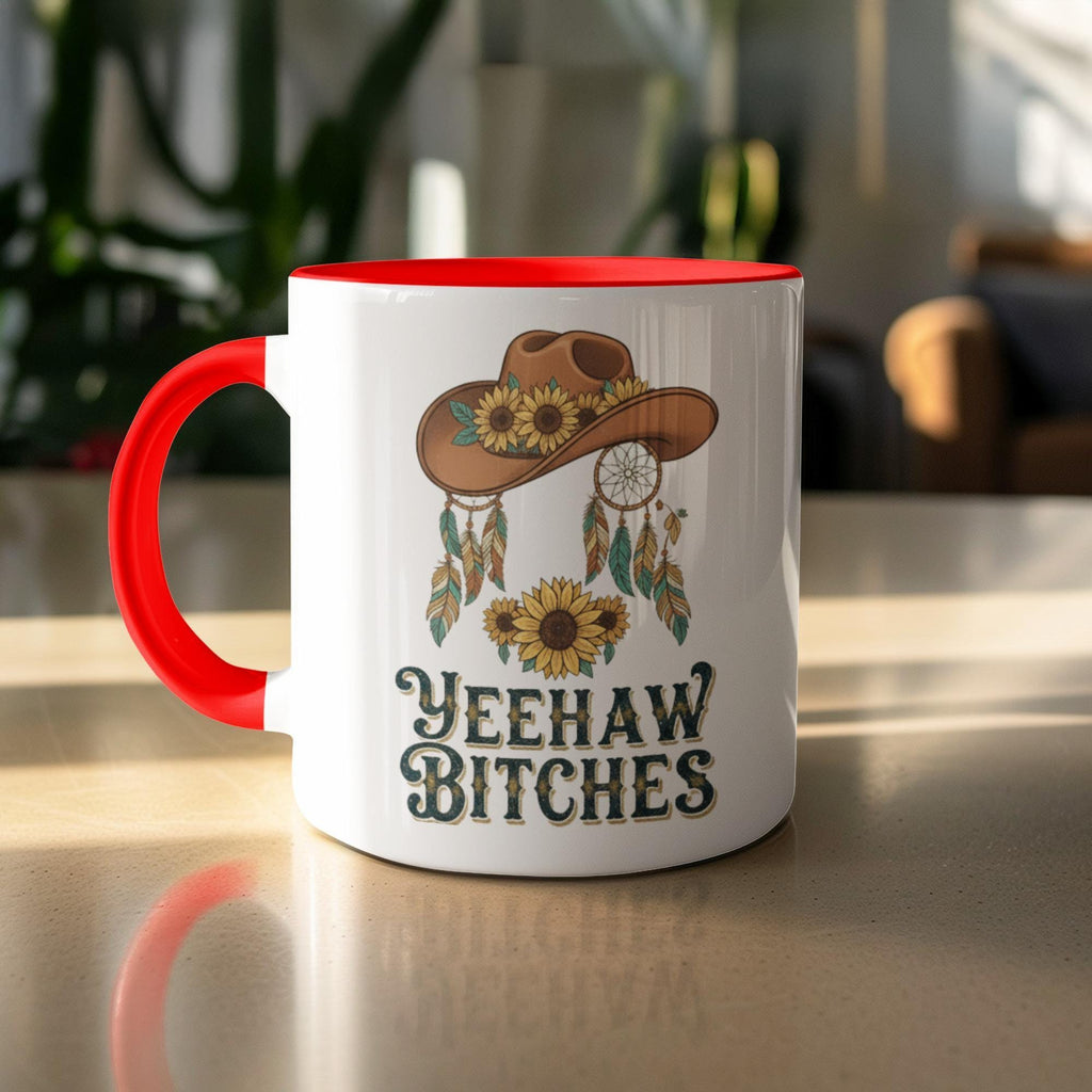 Yeehaw Bitches Mug, Western Coffee Cup, Funny Cowboy Mug, Trendy Cowgirl Gift Idea, Cute Sunflower Design, Red Handle Mug