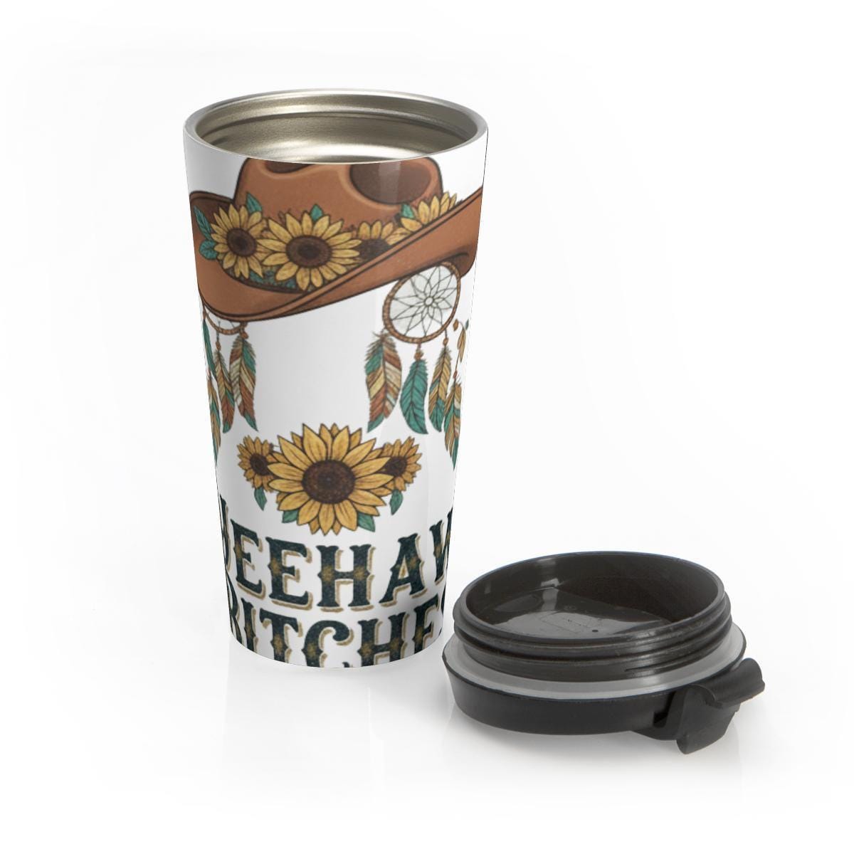 Yeehaw Witches Travel Mug, Sunflower Cowgirl Coffee Tumbler, Western Theme Drinkware, Boho Chic Beverage Cup, Bohemian Style Flask