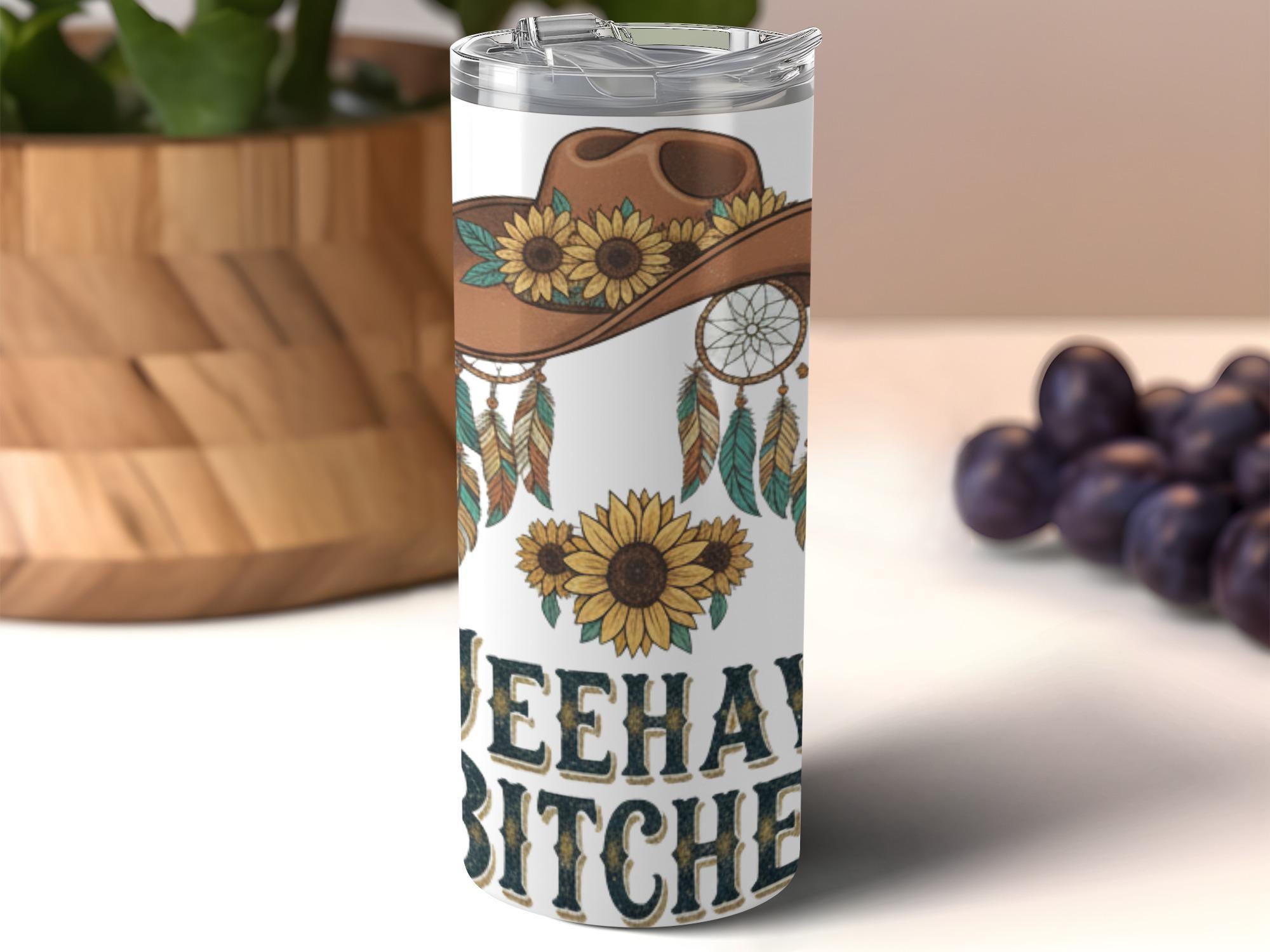 Yeehaw Bitches Tumbler, Western Country Cowboy Travel Mug, Sunflower Dreamcatcher Gift, Rustic Boho Drinkware for Cowgirls