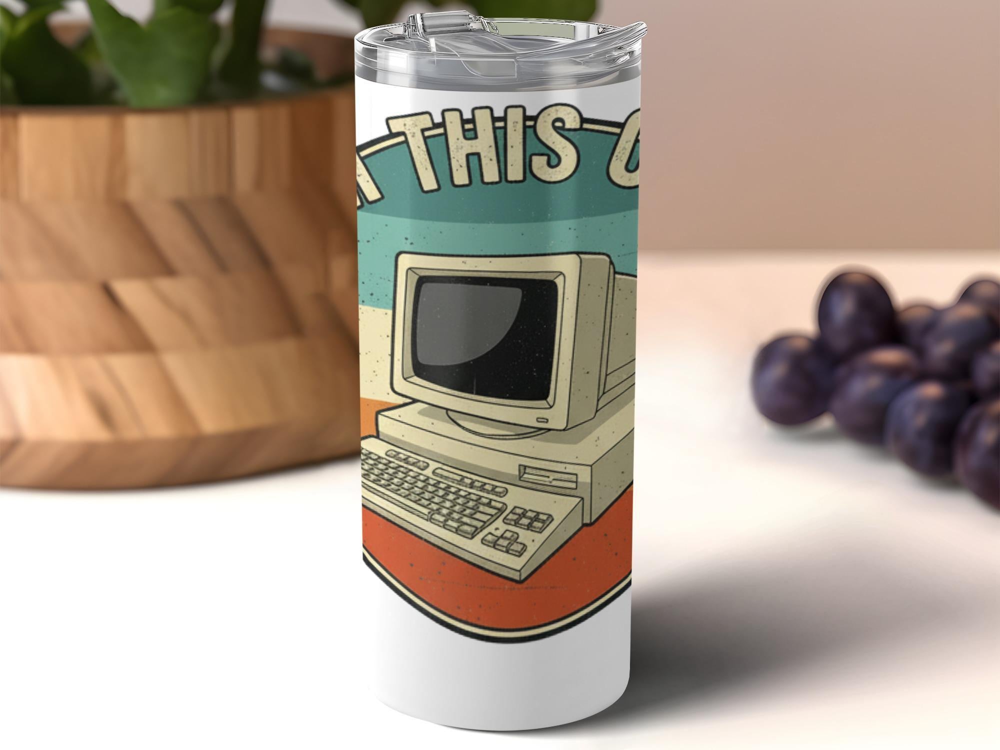 Retro computer tumbler, vintage tech gift, old-school PC memorabilia, nerdy nostalgia, unique drinkware, classic computer lover's cup