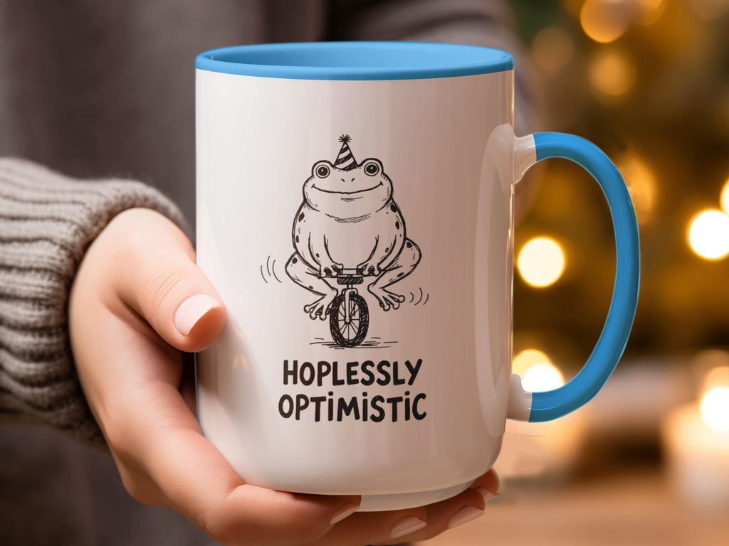 Funny Frog Mug, Hoplessly Optimistic Coffee Cup, Quirky Gift Idea, Unique Unicycle Frog Design, Cute and Humorous Ceramic Mug