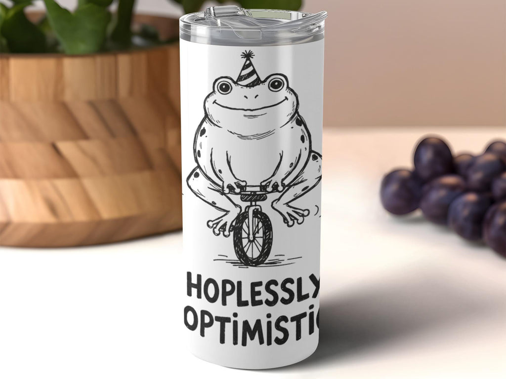 Funny Frog Unicycle Tumbler, Hopelessly Optimistic Travel Mug, Unique Gift Idea, Cute Frog Artwork, Fun and Quirky Drinkware