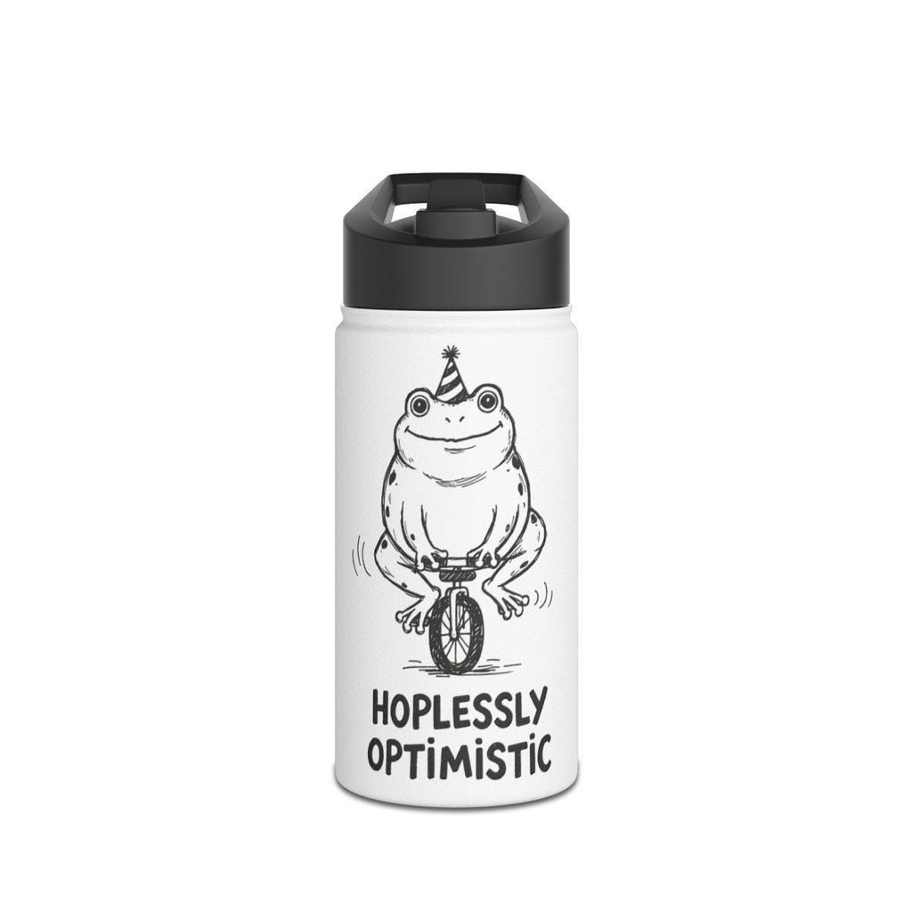 Funny Frog Hat Water Bottle, Unicycle Frog Illustration, Hoplessly Optimistic Quote, Reusable Travel Bottle, Eco Friendly Flask