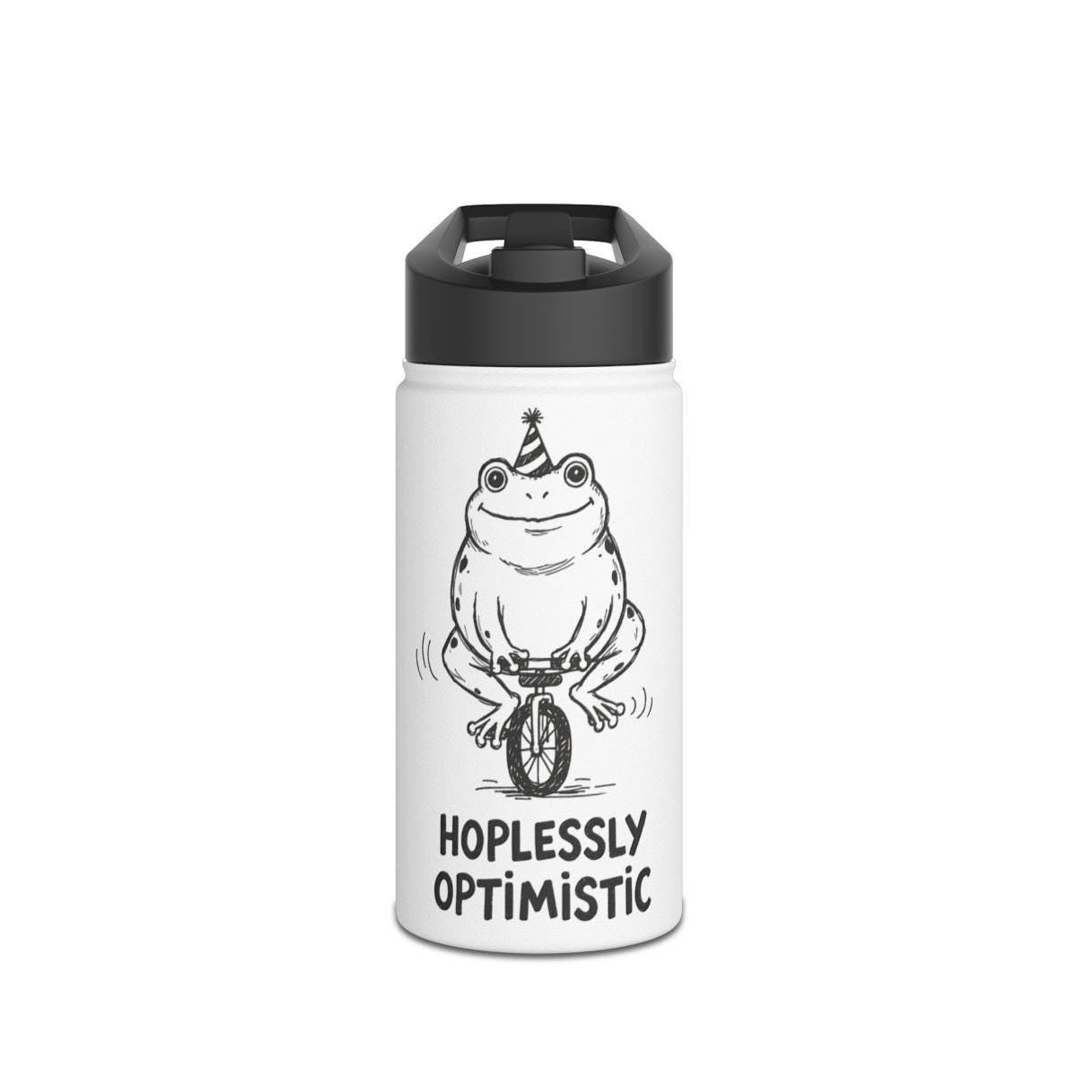 Funny Frog Hat Water Bottle, Unicycle Frog Illustration, Hoplessly Optimistic Quote, Reusable Travel Bottle, Eco Friendly Flask