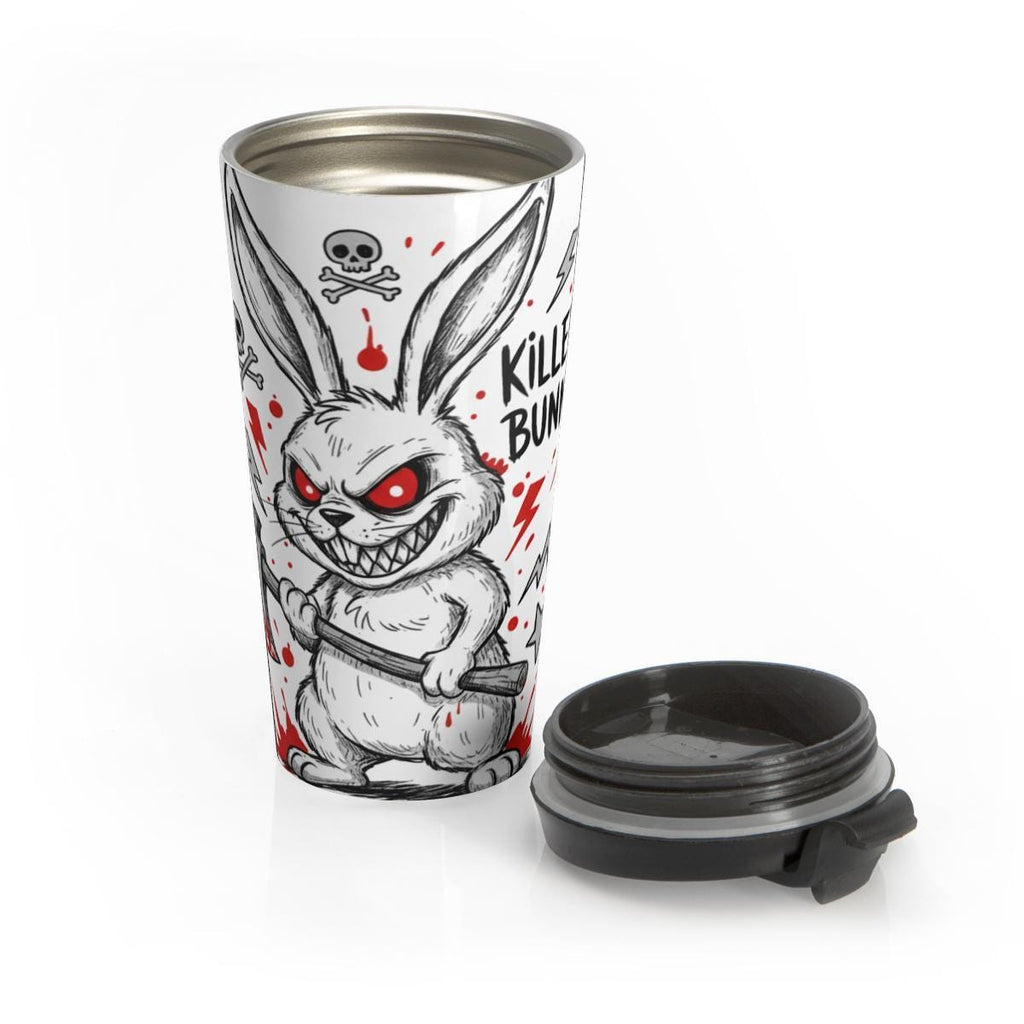Killer Bunny Travel Mug, Creepy Cute Coffee Tumbler, Horror-Themed Drinkware, Unique Gift Idea, Scary Rabbit Cup for Halloween