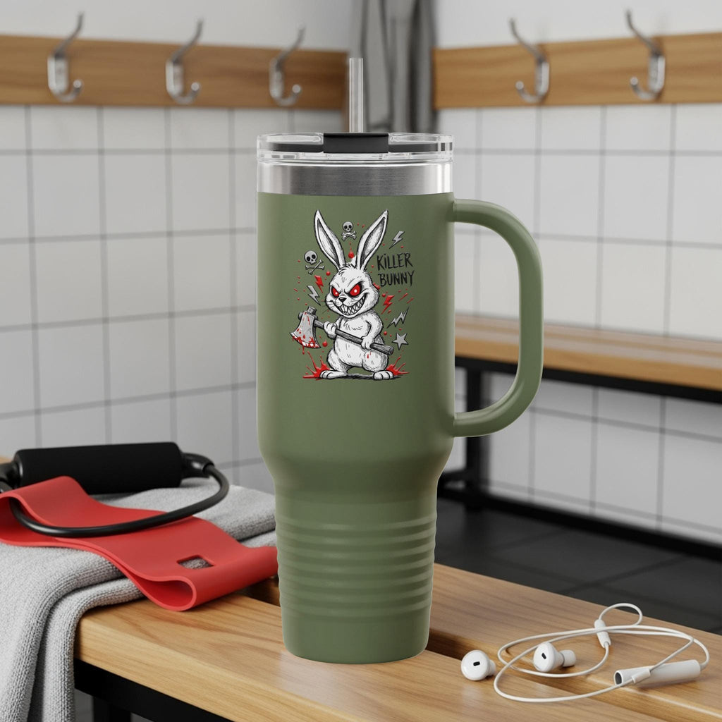 Large Green Travel Mug with Killer Bunny Print, Funny Rabbit Design Insulated Tumbler for Coffee or Tea, Unique Gift Idea