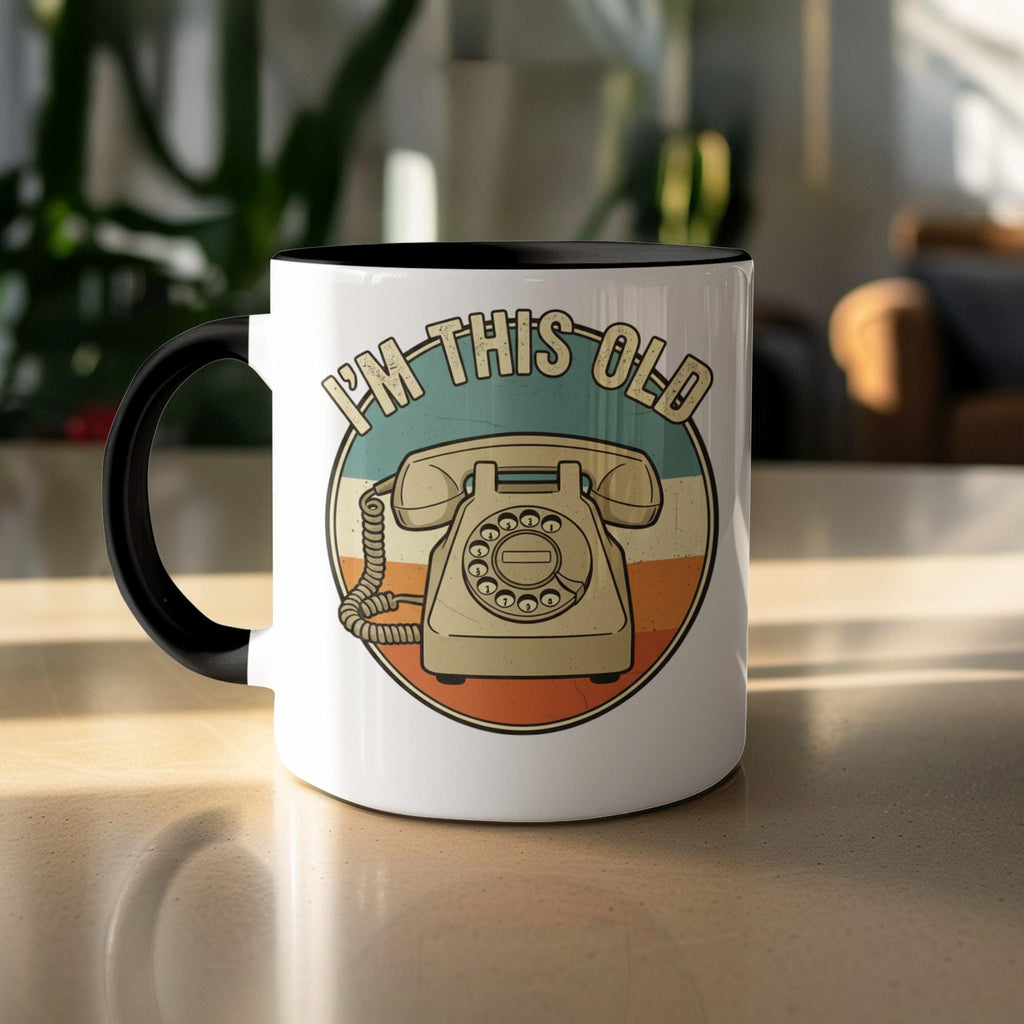 Retro-themed coffee mug, vintage telephone print, funny nostalgic gift, I'm This Old design, unique novelty drinkware for home or office
