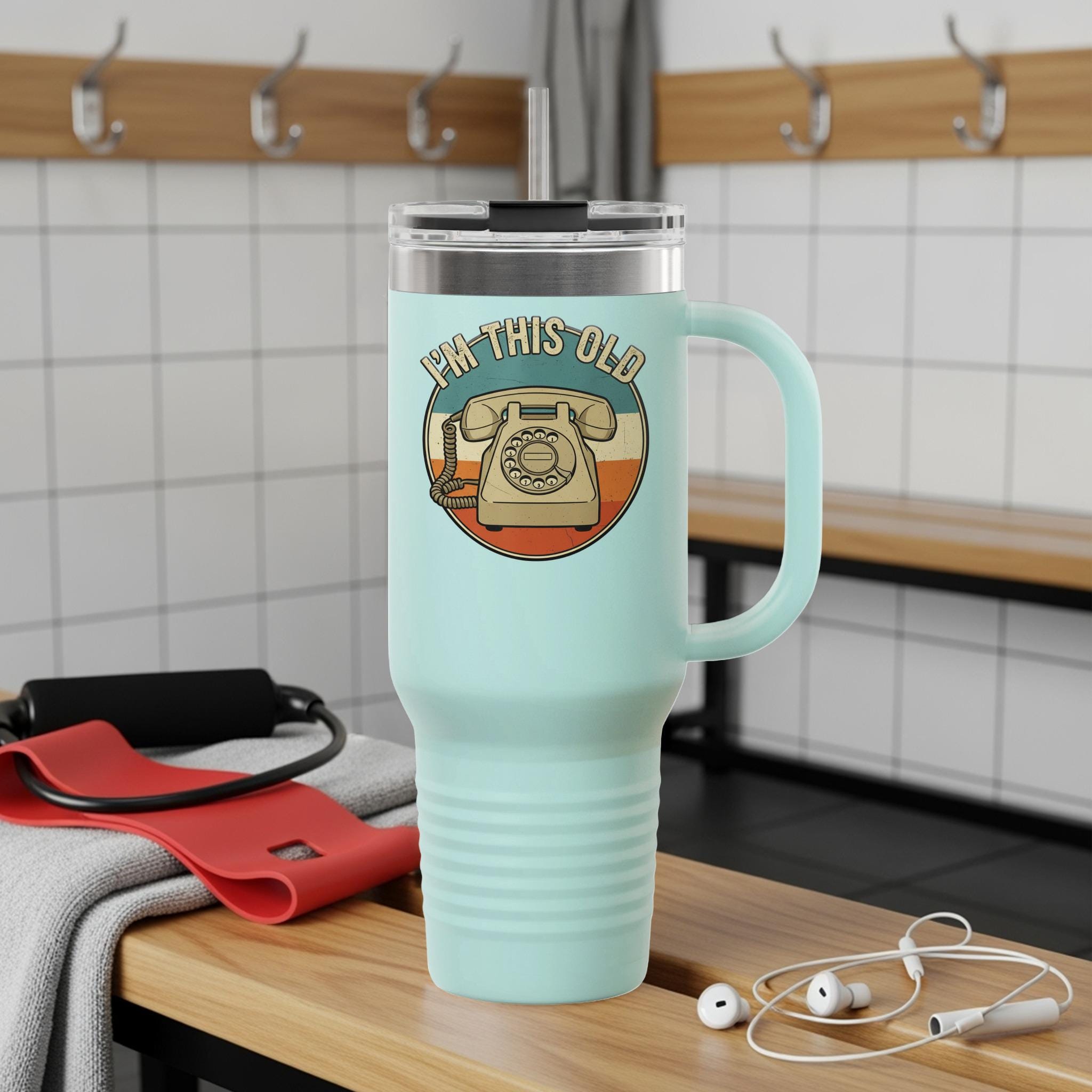 I'm This Old Travel Mug, Vintage Retro Phone Design, Large Insulated Coffee Tumbler, Funny Gift for Him Her, Unique Drinkware