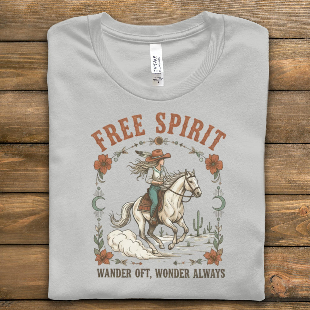 Free Spirit Graphic T-Shirt, Wander Oft Wonder Always Shirt, Western Cowgirl Riding Horse Tee, Vintage Style Shirt, Wild West Top
