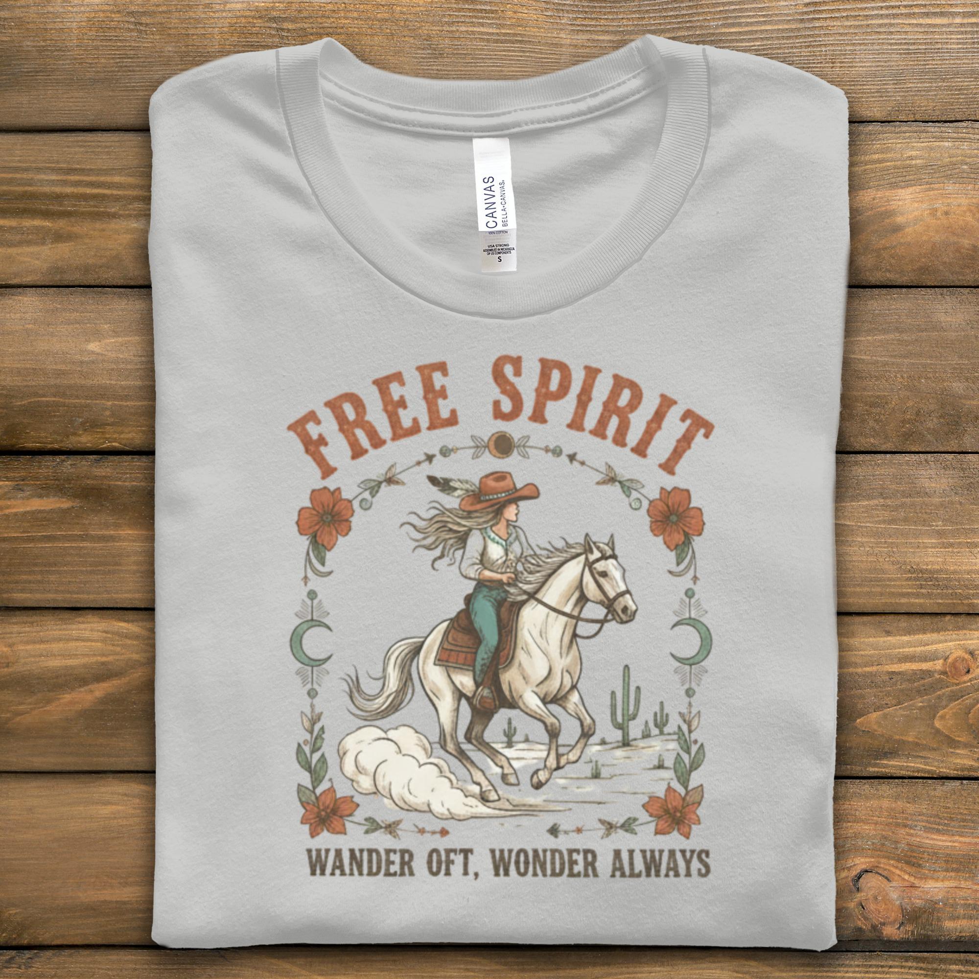 Free Spirit Graphic T-Shirt, Wander Oft Wonder Always Shirt, Western Cowgirl Riding Horse Tee, Vintage Style Shirt, Wild West Top