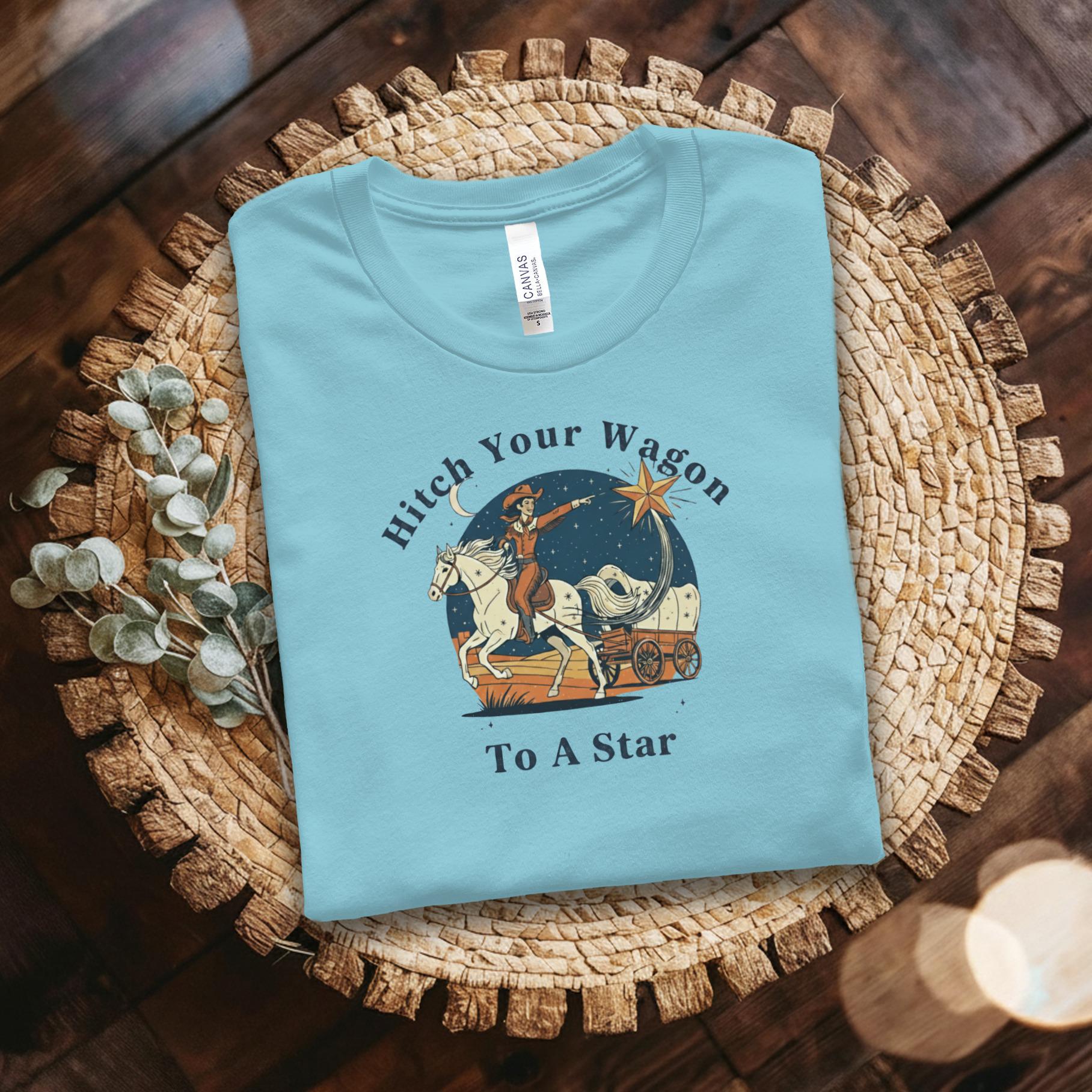 Hitch Your Wagon To A Star Graphic Tee, Western Theme Shirt, Cowboy Riding Horse, Inspirational Casual T-Shirt, Vintage Style