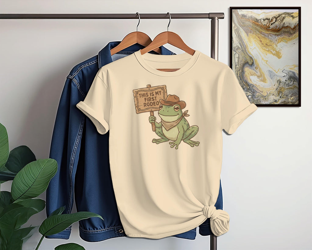 Frog Rodeo T-Shirt, Funny Animal Graphic Tee, Cute Frog Shirt, First Rodeo Quote, Unique Casual Unisex T-Shirt, Fun Gift Idea