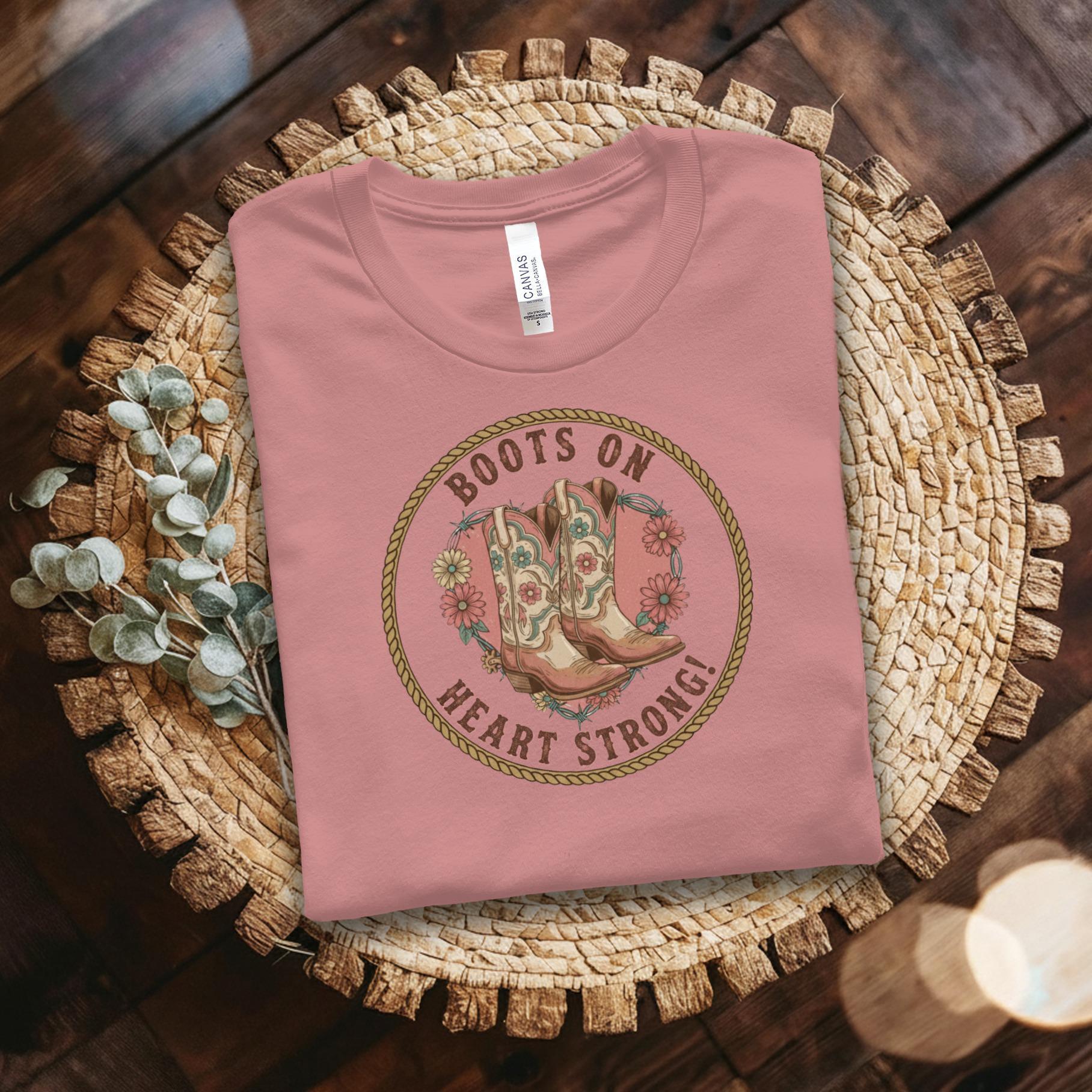 Boots On Heart Strong T-Shirt, Western Graphic Tee, Cowgirl Shirt, Country Music Fan Gift, Cute Floral Boots Top, Southern Style Tee