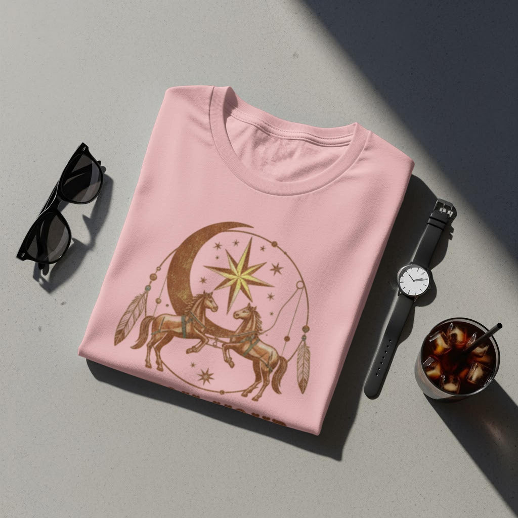 Boho Horse and Moon Graphic Tee, Equestrian Bohemian Style T-Shirt, Vintage Celestial Horse Design, Unique Gift for Horse Lovers