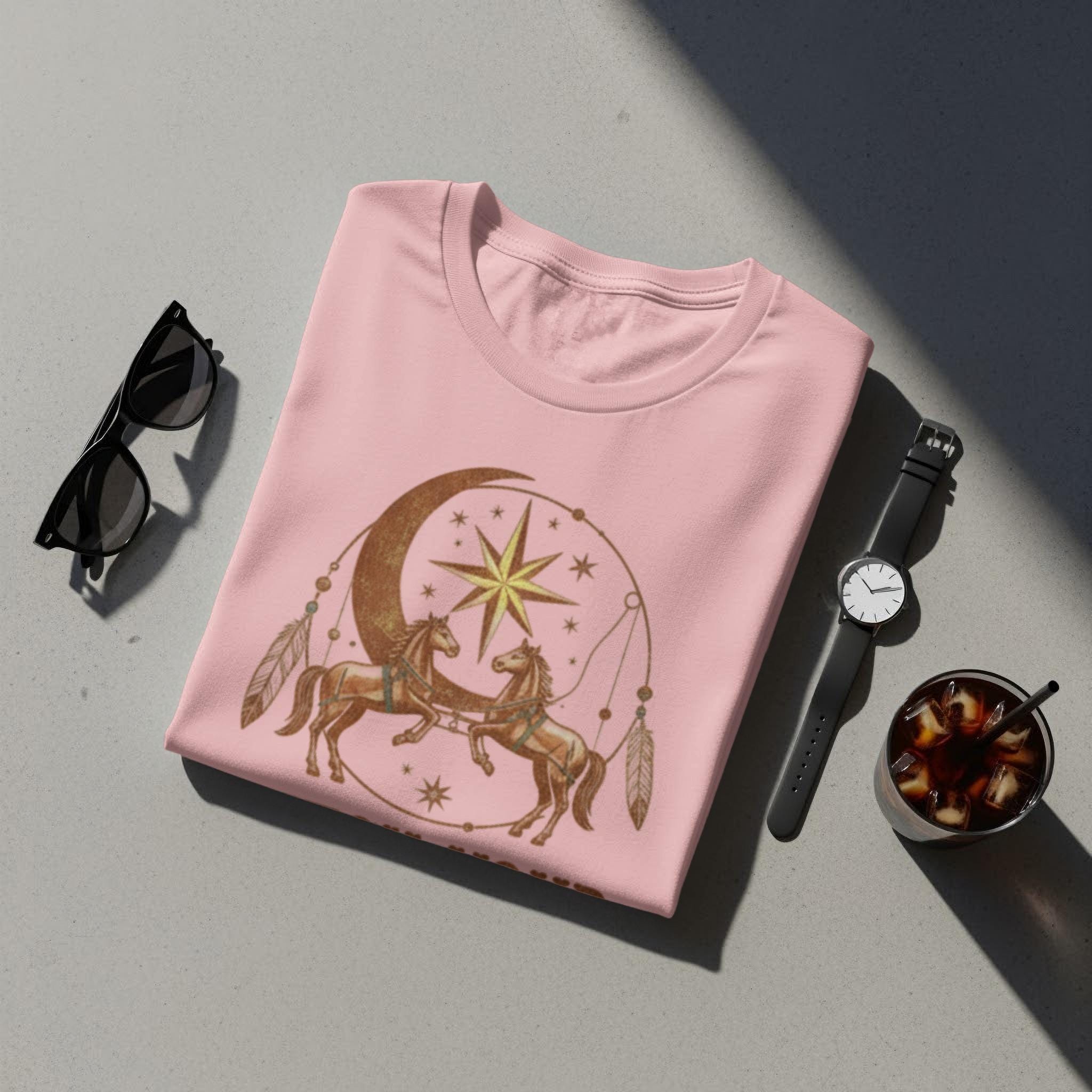 Boho Horse and Moon Graphic Tee, Equestrian Bohemian Style T-Shirt, Vintage Celestial Horse Design, Unique Gift for Horse Lovers