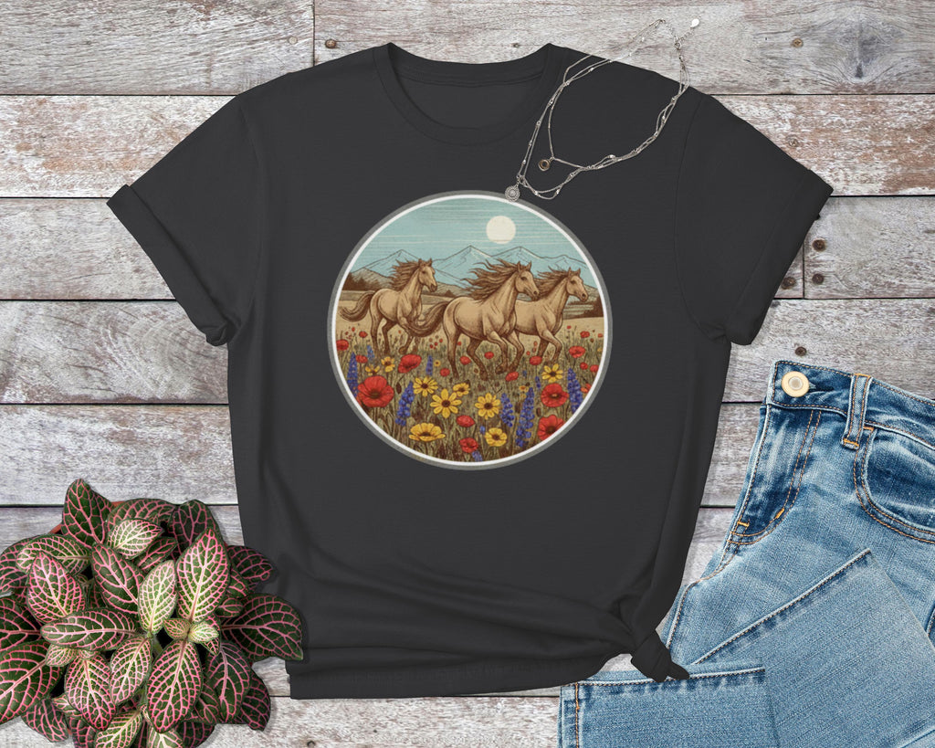 Horses T-Shirt, Wild Horses, Running Horses, Flower Field Shirt, Nature Shirt, Animal Shirt, Graphic Tee, Vintage Horses Tee
