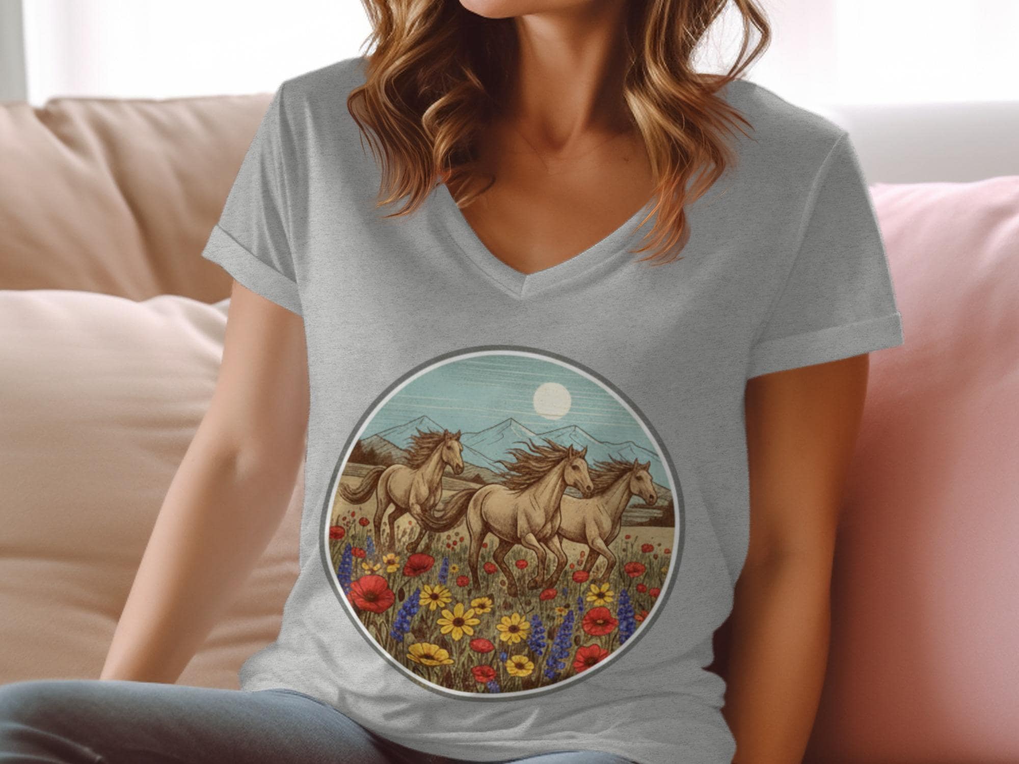 Horses T-Shirt, Wild Horses, Running Horses, Flower Field Shirt, Nature Shirt, Animal Shirt, Graphic Tee, Vintage Horses Tee