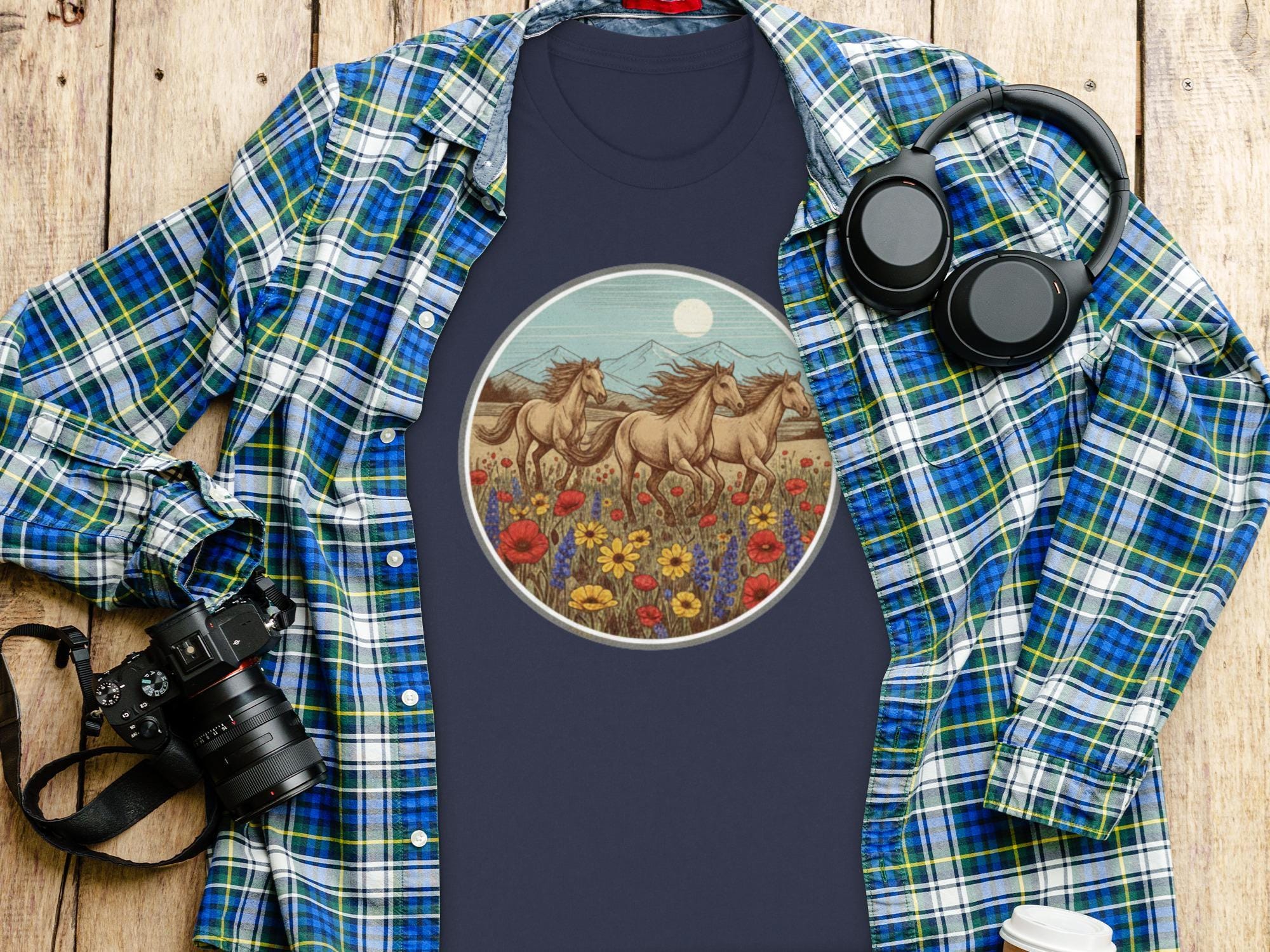 Horses T-Shirt, Wild Horses, Running Horses, Flower Field Shirt, Nature Shirt, Animal Shirt, Graphic Tee, Vintage Horses Tee