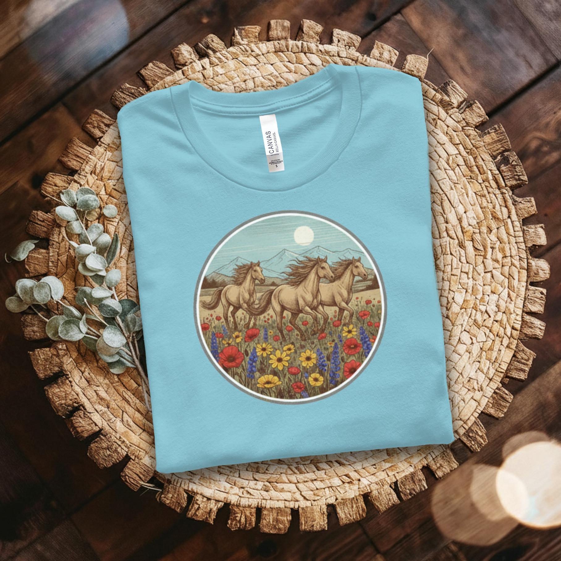 Horses T-Shirt, Wild Horses, Running Horses, Flower Field Shirt, Nature Shirt, Animal Shirt, Graphic Tee, Vintage Horses Tee