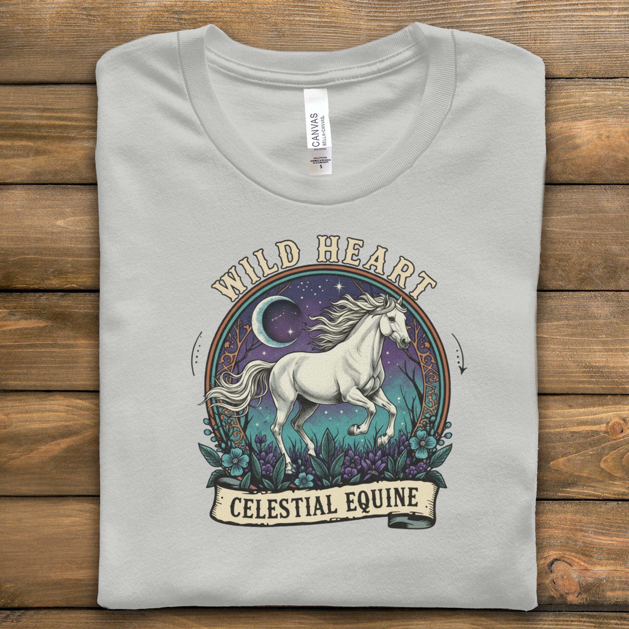 Wild Heart Celestial Equine T-Shirt, Horse Lover Tee, Unique Graphic T Shirt, Artistic Animal Tee, Nature Inspired Shirt, Trending Design