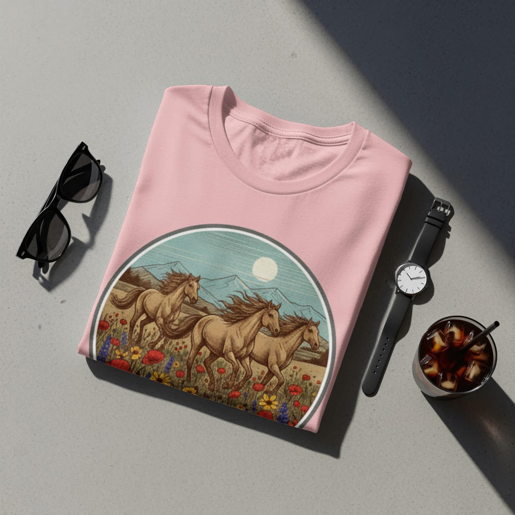 Horses T-Shirt, Wild Horses, Running Horses, Flower Field Shirt, Nature Shirt, Animal Shirt, Graphic Tee, Vintage Horses Tee