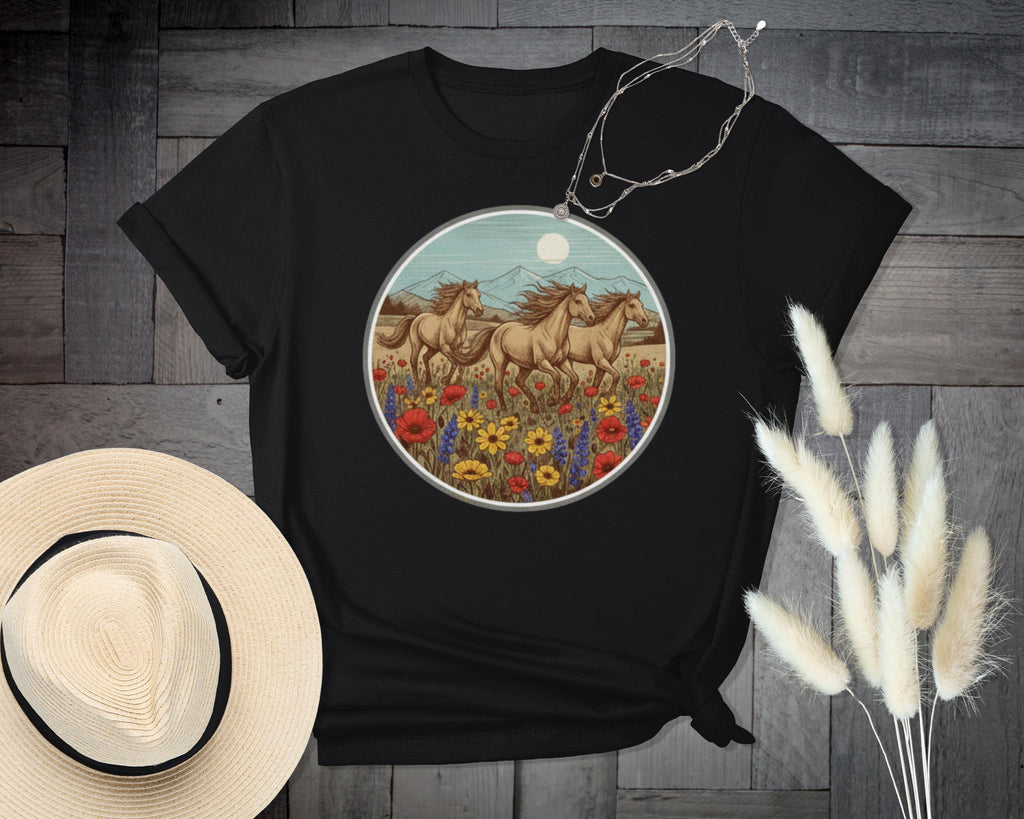 Horses T-Shirt, Wild Horses, Running Horses, Flower Field Shirt, Nature Shirt, Animal Shirt, Graphic Tee, Vintage Horses Tee