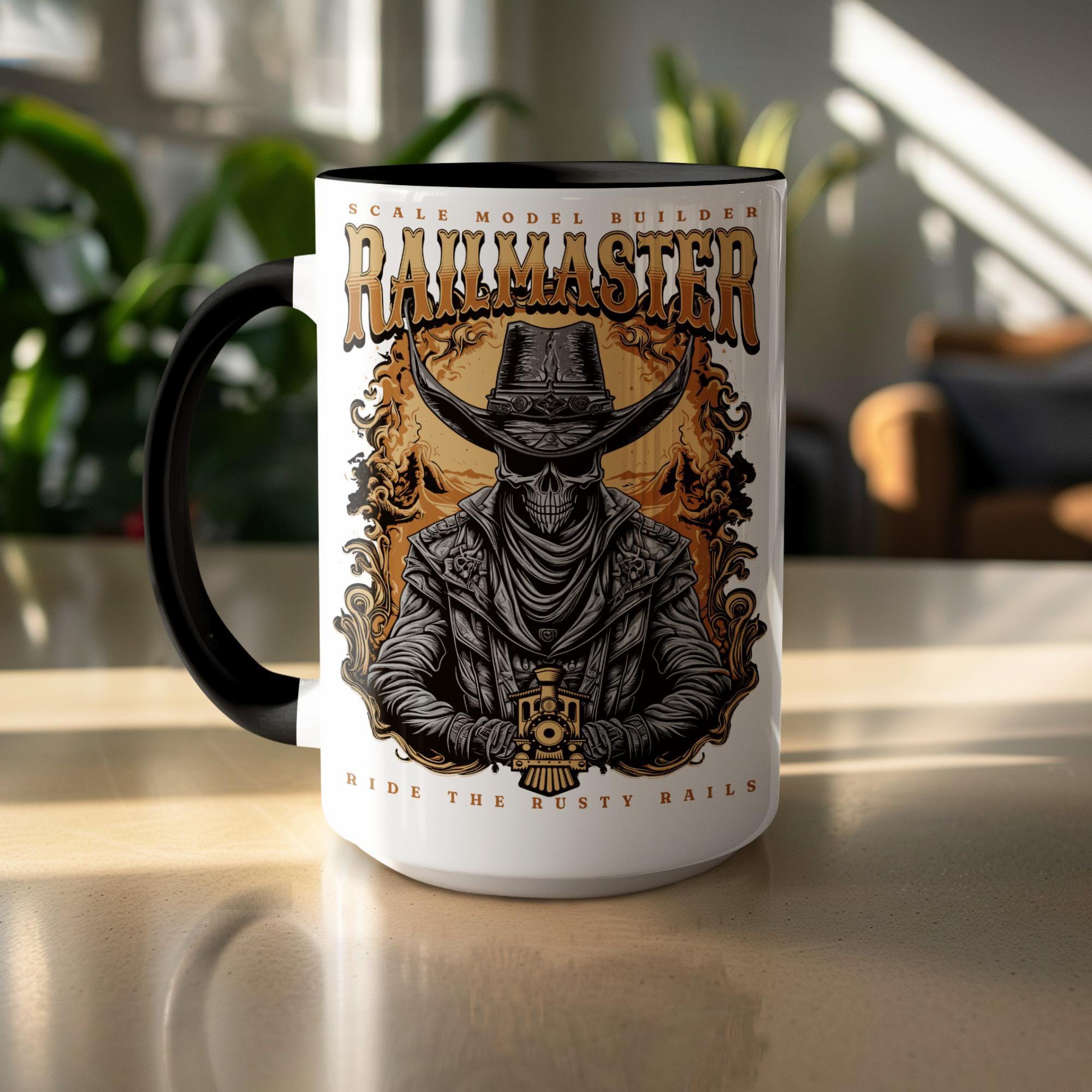 Railmaster Mug, Cowboy Skull Mug, Scale Model Builder Mug, Train Lover Gift, Unique Mug Design, Ride The Rusty Rails, Skeleton Cowboy