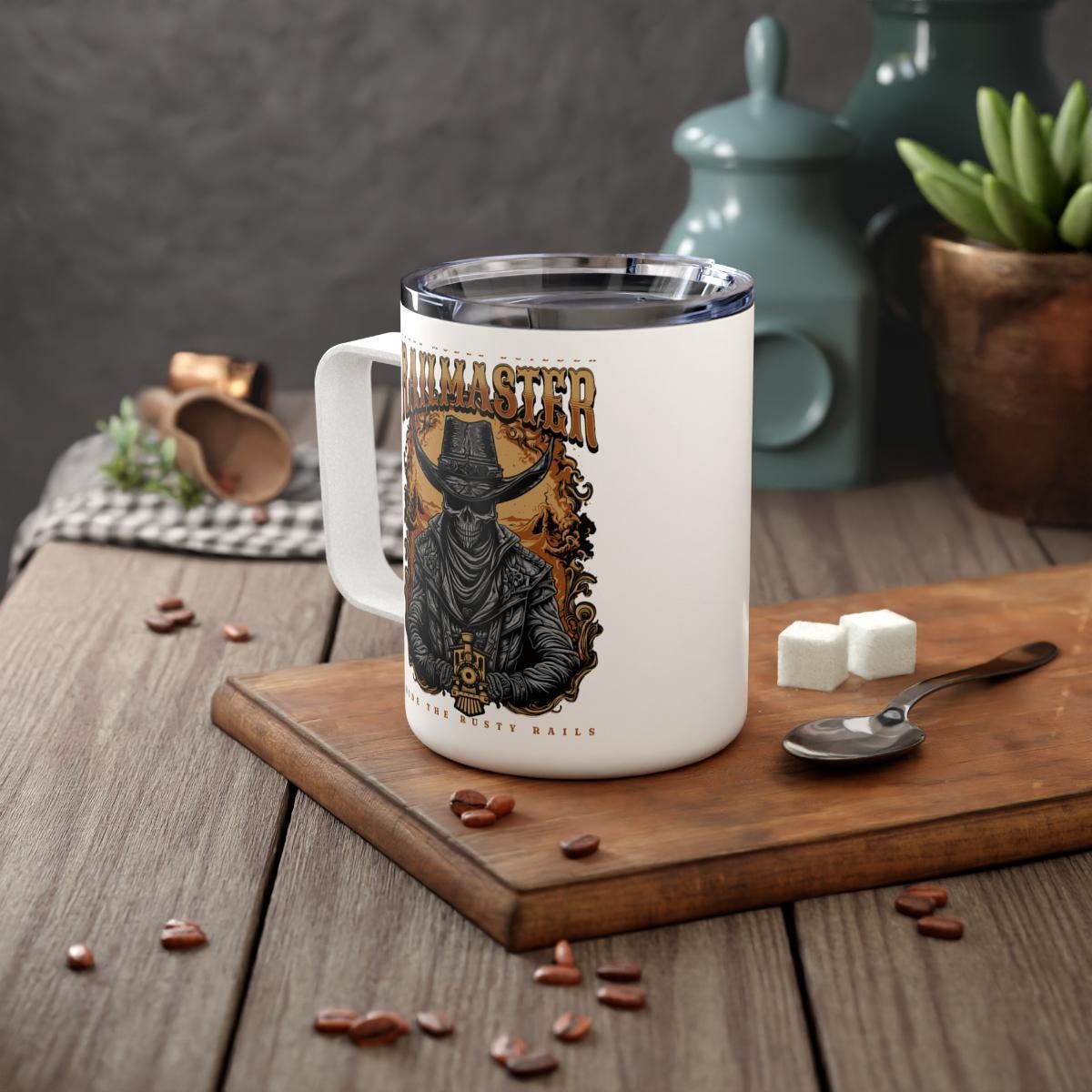 Railmaster Mug, Cowboy Skull Mug, Scale Model Builder Mug, Train Lover Gift, Unique Mug Design, Ride The Rusty Rails, Skeleton Cowboy